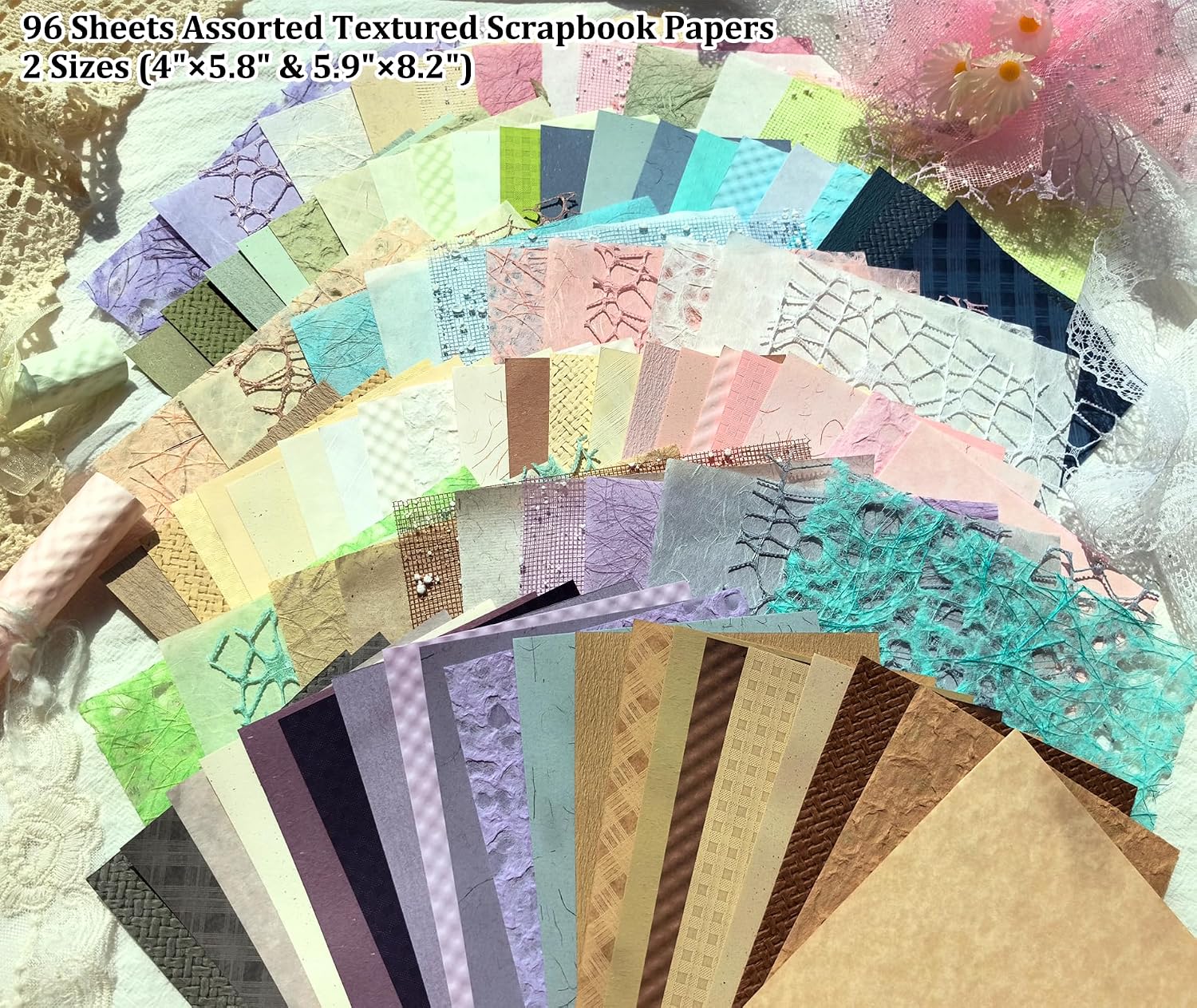 Flartmo Scrapbook Supplies Kit with 246 Sheets Textured & Floral Scrapbook Paper, 50 Pcs Flower Scrapbook Sticker & 3 Rolls Double-Sided Tape for Scrapbooking, Junk Journal, Card Making, Embellishment