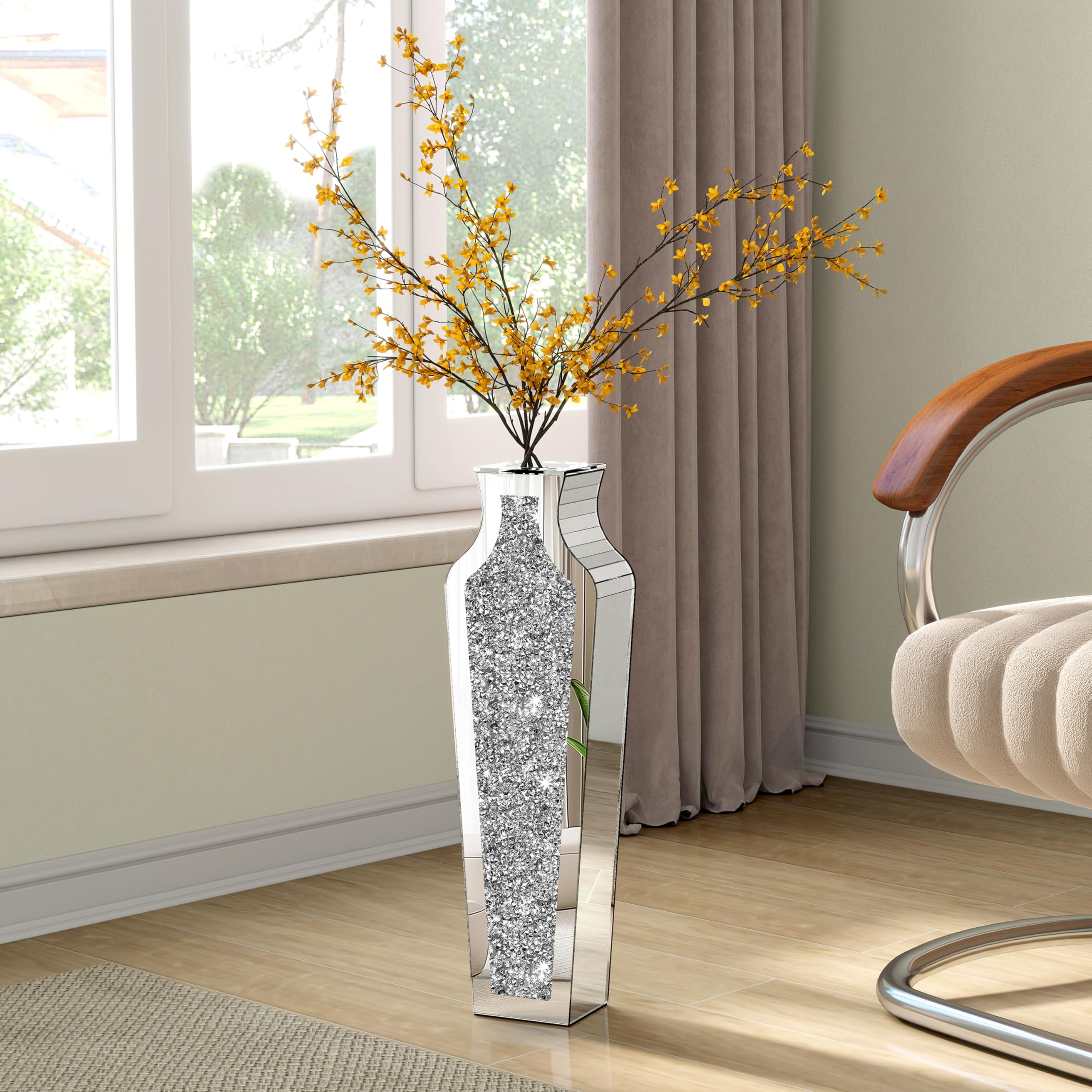 SHYFOY 45,7 cm silberne Bodenvase, zerkleinerte Diamant-Vase, verspiegelte Vase für Dekoration, Wohnzimmer, Boden, Kristall, verspiegelt,