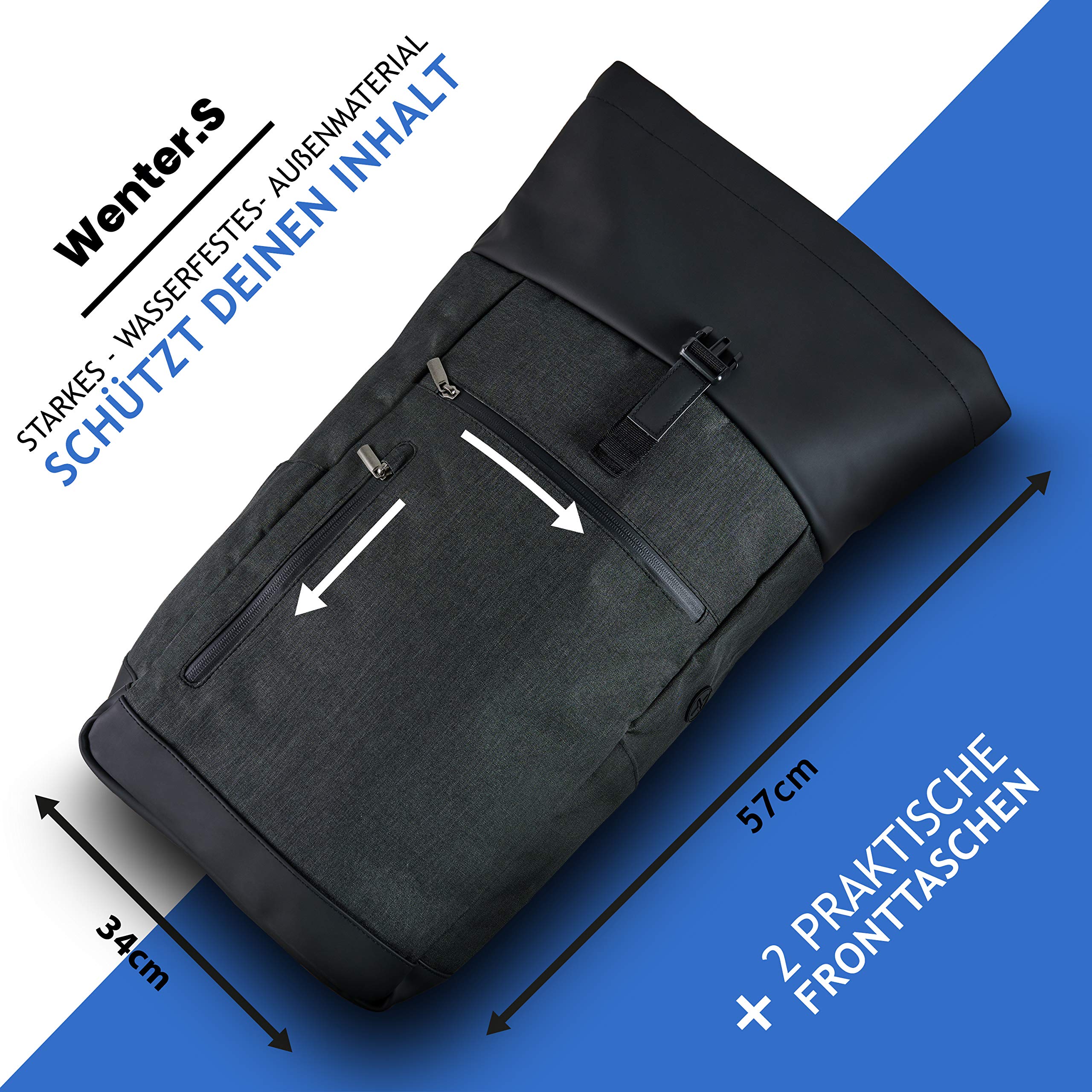 Wenter.S Rolltop Rucksack großer Kurierrucksack 25–30L anthrazit viele Taschen innen und aussen