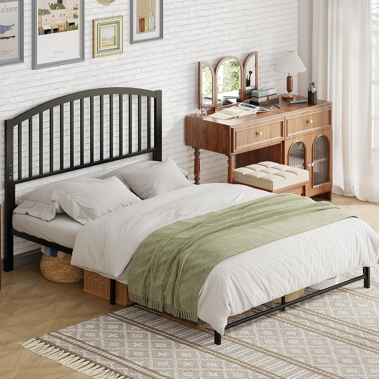 Weehom Queen Headboard with Led Lights, Farmhouse Vintage Style Metal Headboard Queen Size, Modern Freestanding Black Headboard Only for Bedroom