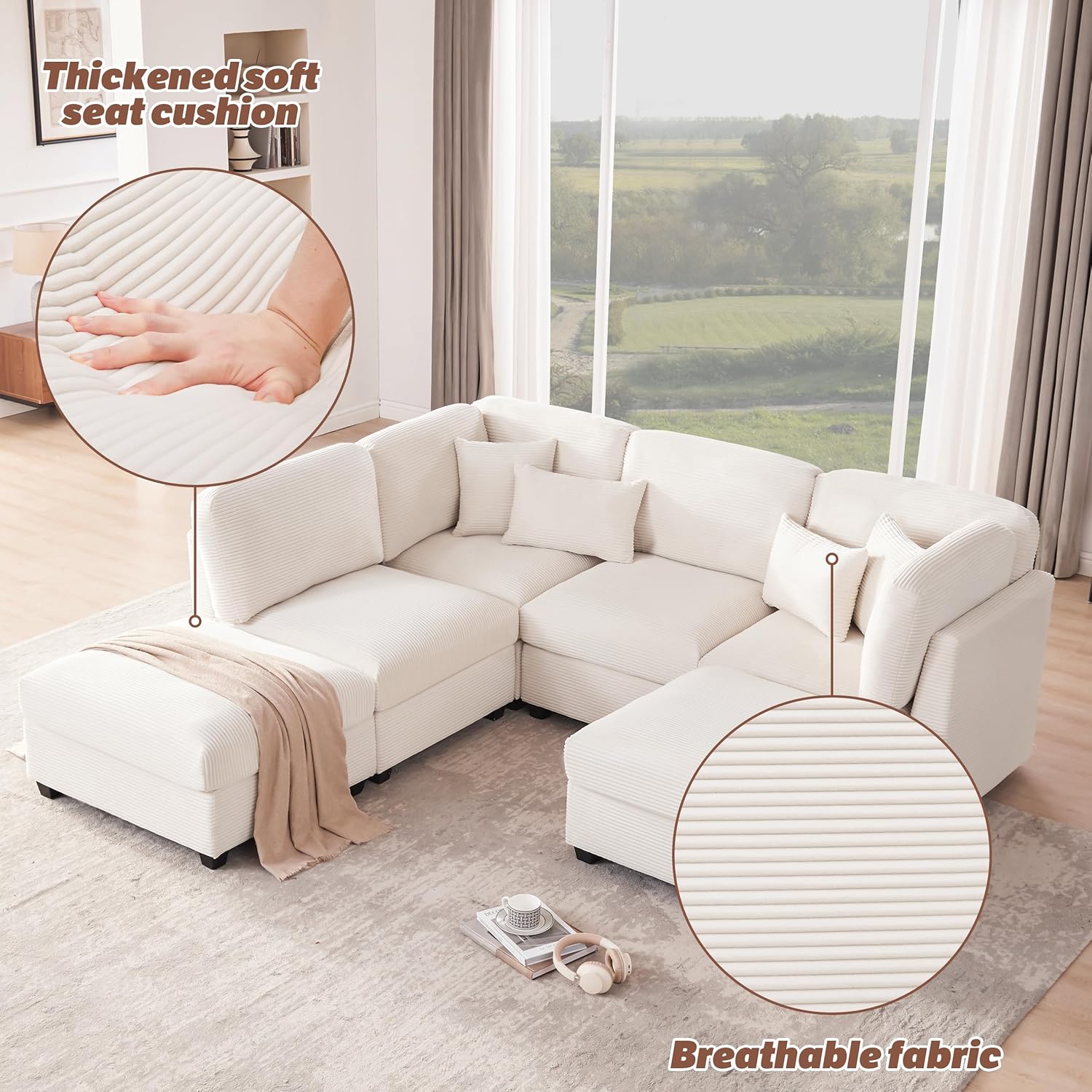 125 Inch Oversized Corduroy Modular Sectional Sofa, U Shaped Modular Couch with Storage, 6 Seat Convertible Corduroy Couch, Comfy Sectional Couches for Living Room with Memory Foam, Beige