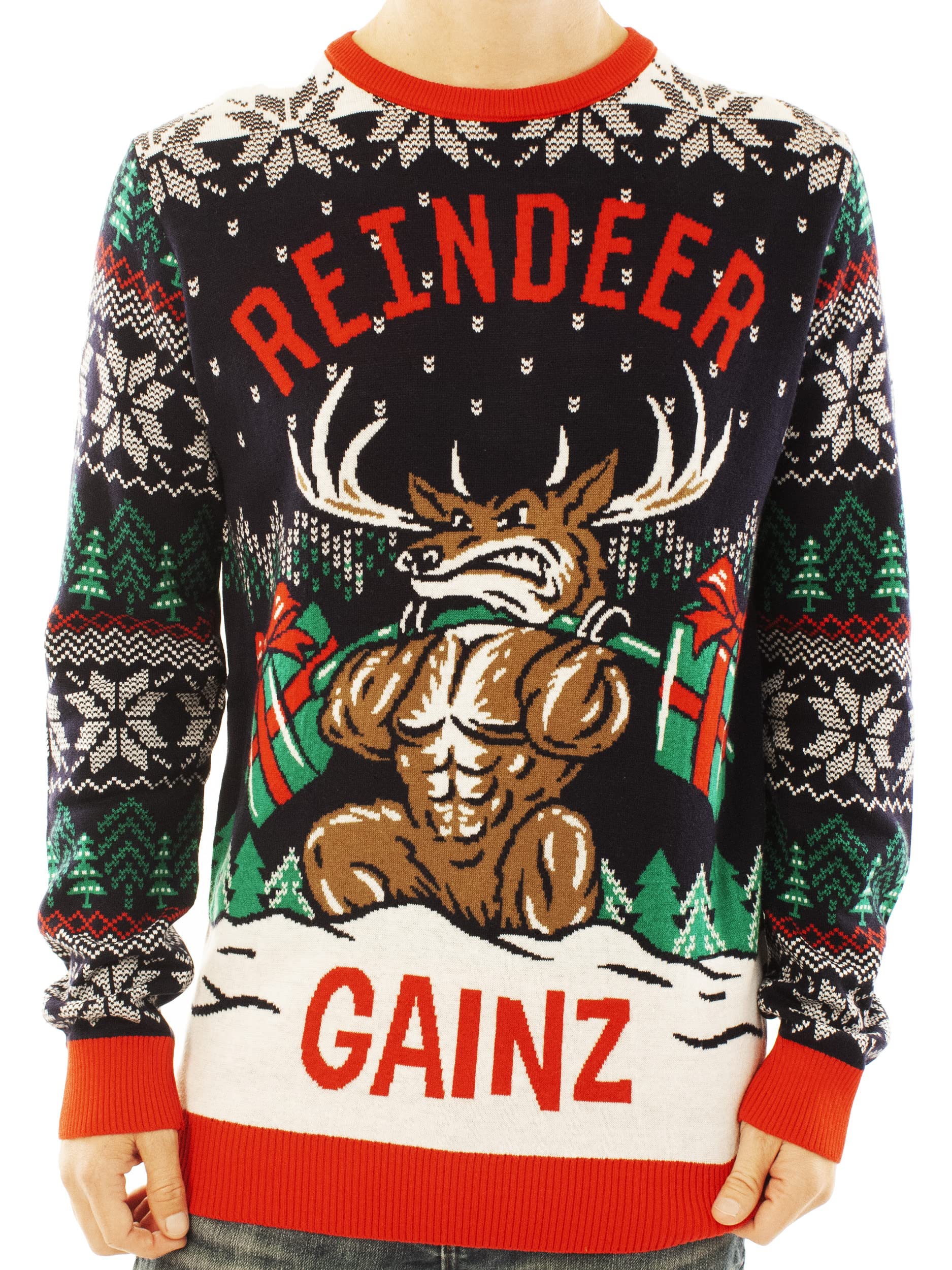 Ugly Christmas Party Knitted Ugly Christmas Sweater for Men and Women - Reindeer Gainz-L Reindeer Gainz Blue