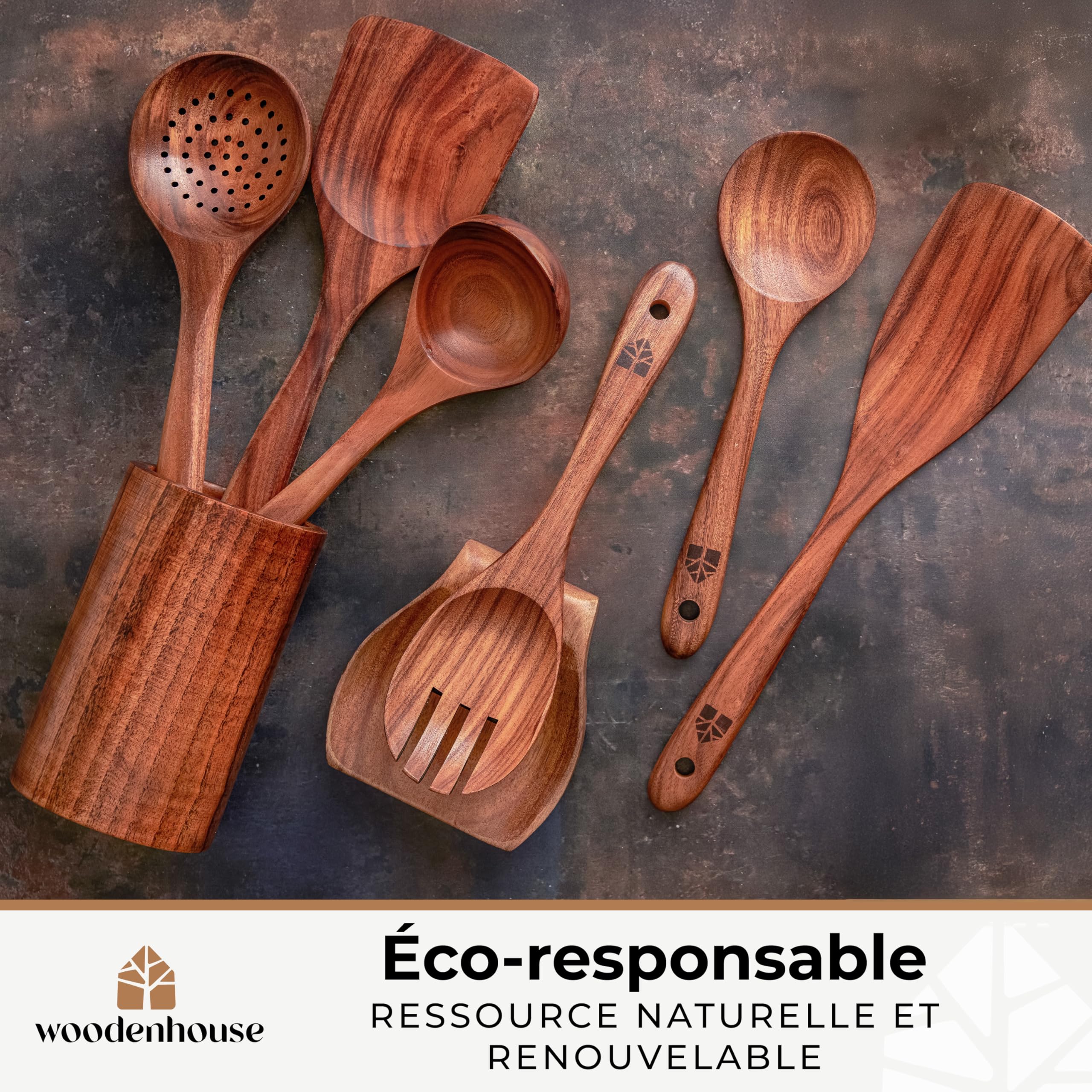 Ustensiles en Bois de Teck avec Support et Repose Cuillère - Cuillères et Spatule pour la Cuisine - Naturels et Sains Antiadhésifs - Ensemble 13 Pièces
