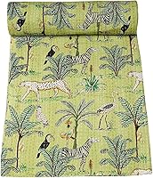 Vista 10 de Marubhumi Edredón tradicional indio de algodón puro con estampado de selva Kantha, colcha Kantha con estampado de animales, multicolor