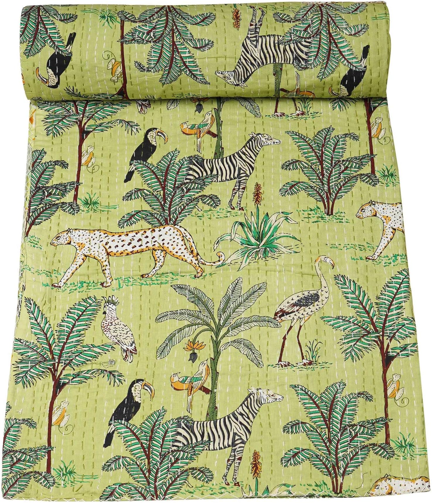 Marubhumi Quilts Indian Handmade Indian Traditional Blankets, Reversible, Animal Printed Vintage Kantha Quilt Throw, Comforter, Light Green - Twin (60 x 90 Inches)