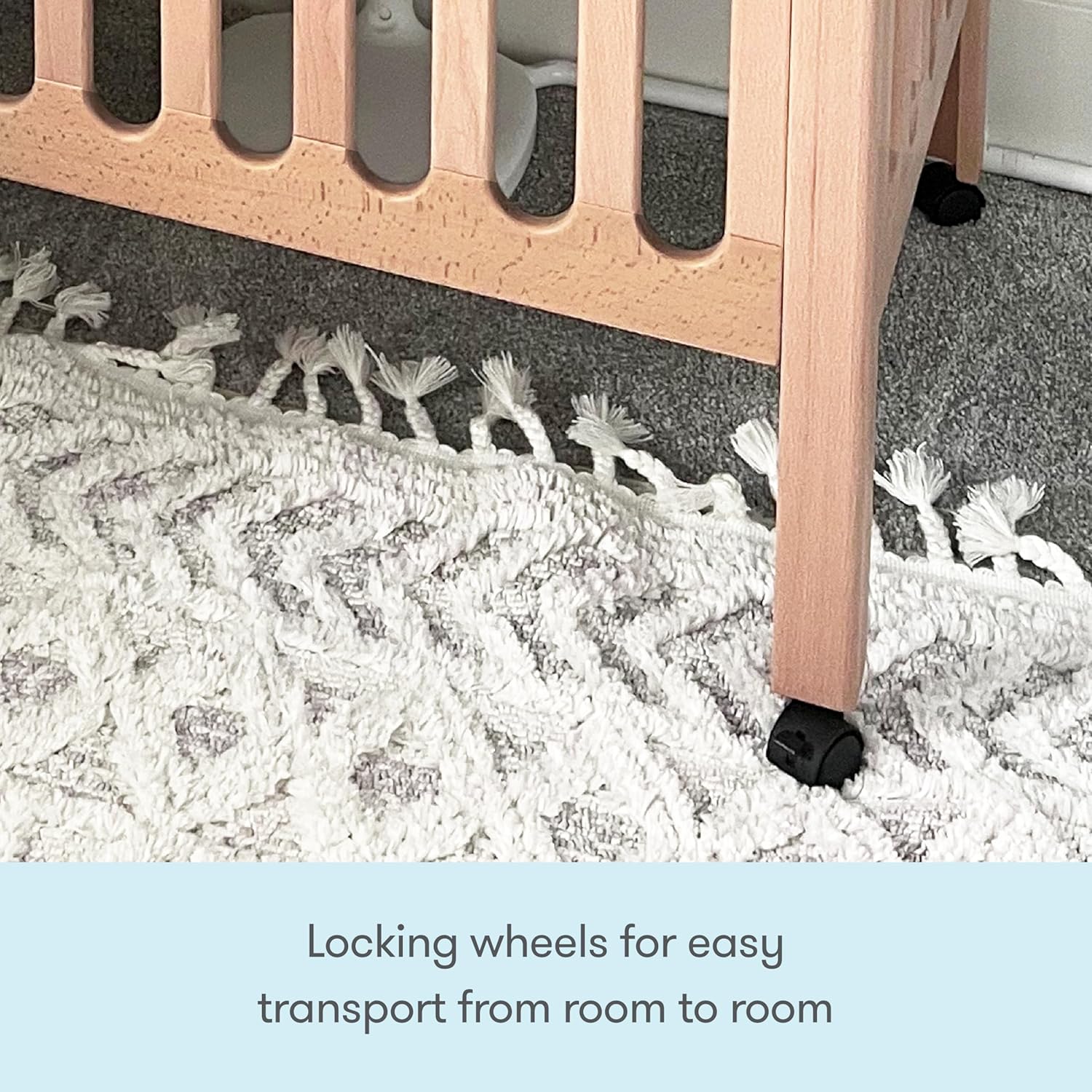 Newton Baby Galileo Mini Crib Solid Beech Wood with Wheels in Natural Color, Mini Crib Mattress Included, Adjustable Mattress Height, Ultra-Safe Non-Toxic Finish