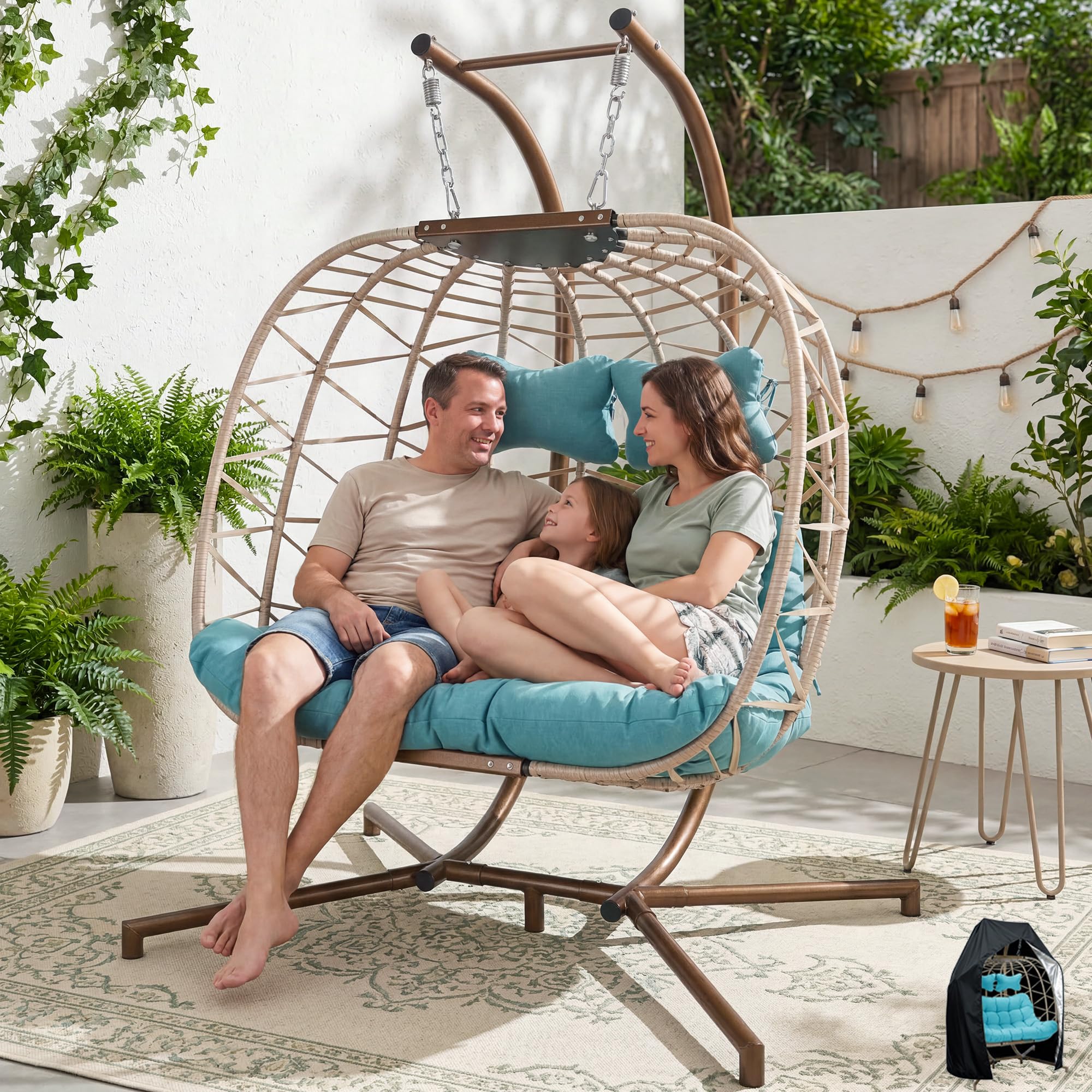 NICESOUL Double Egg Chair Outdoor Indoor, Oversized Swing with Stand for 2, All-Weather Rattan Hanging Loveseat Comfy, Patio Swing Seat with Cushion &