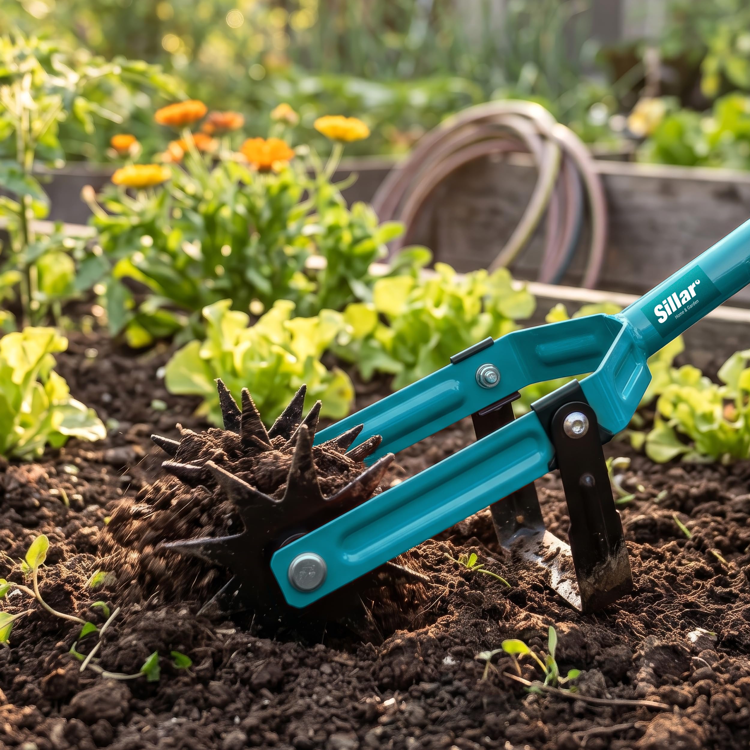 Sillar Coltivatore 2 in 1 Manuale, Arieggiatore Rotativo con Sarchiatore per Erbacce, Attrezzo da Giardino in Acciaio Inox e Manganese per Prato, Orto, Terreno, 182 cm