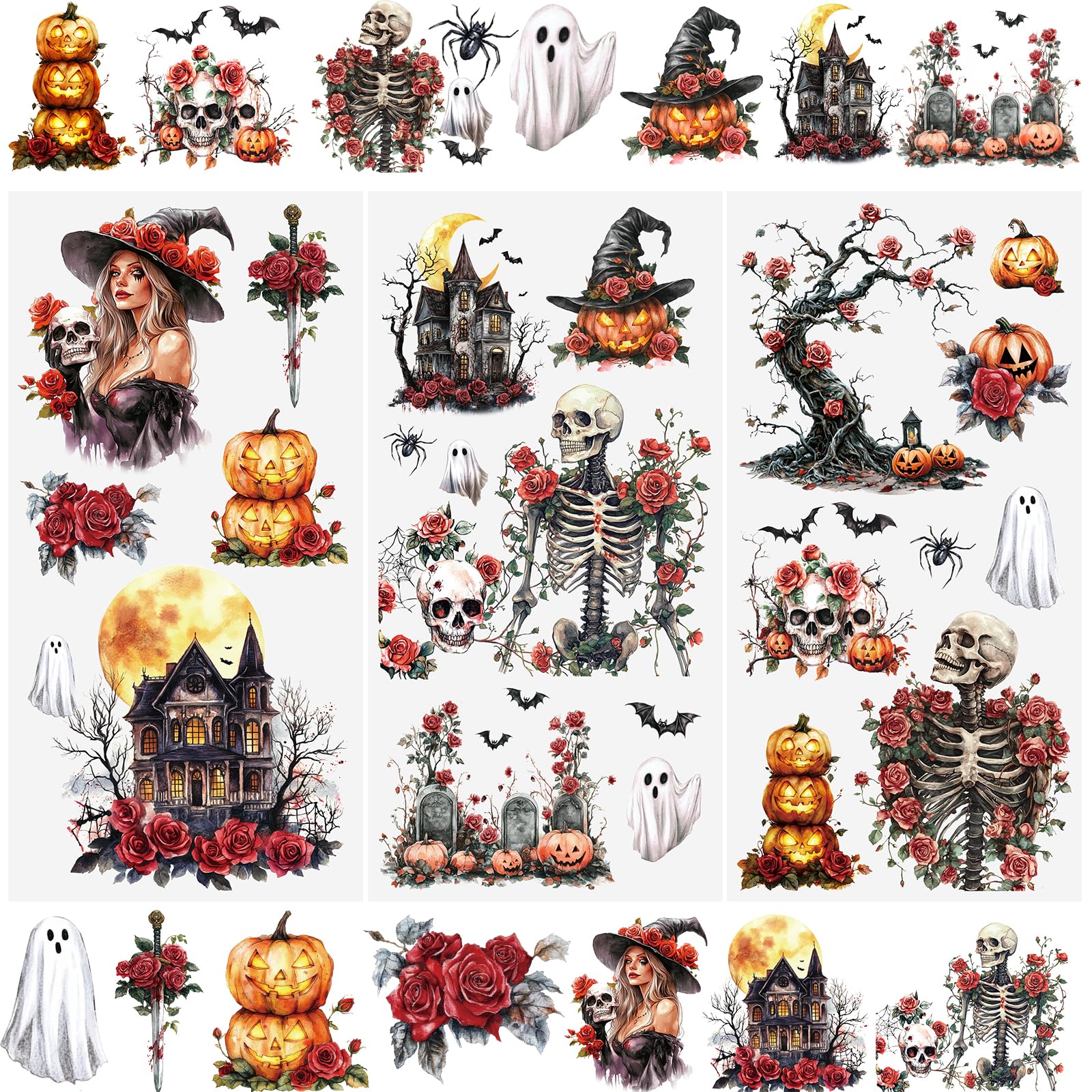 WANDIC 3 Sheets Halloween Roses Rub on Transfer Stickers,Skulls Window Decals Witches Scrapbook Stickers Haunted Houses Cup Decals Decoupage Paper for Furniture,15 * 30cm — image 1