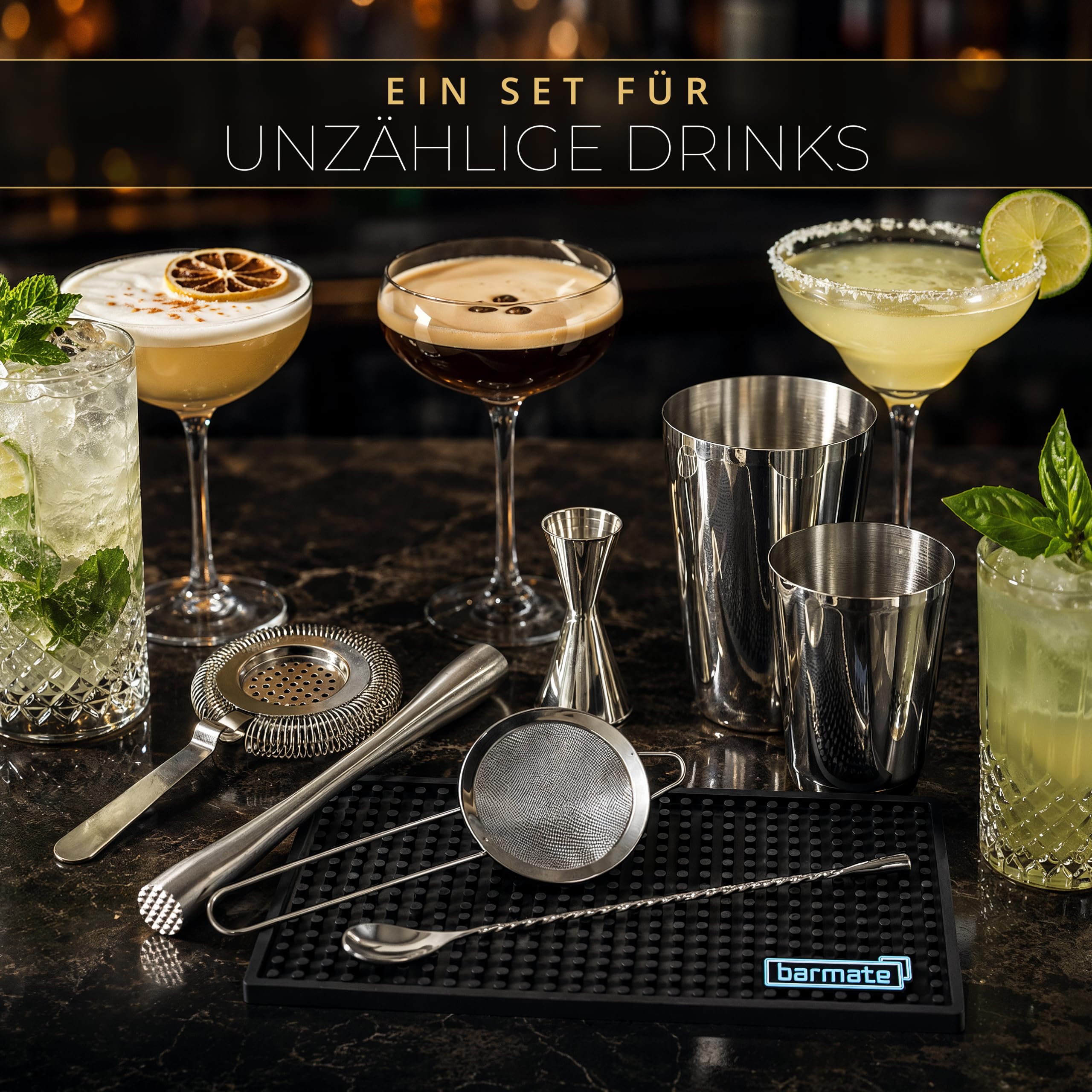 Juego de coctelera de acero inoxidable Boston, Pack Coctelería Cocteles, 7 piezas, compuesto por coctelera, jigger, cuchara de bar, 2 cocidos, muddler y estera de bar