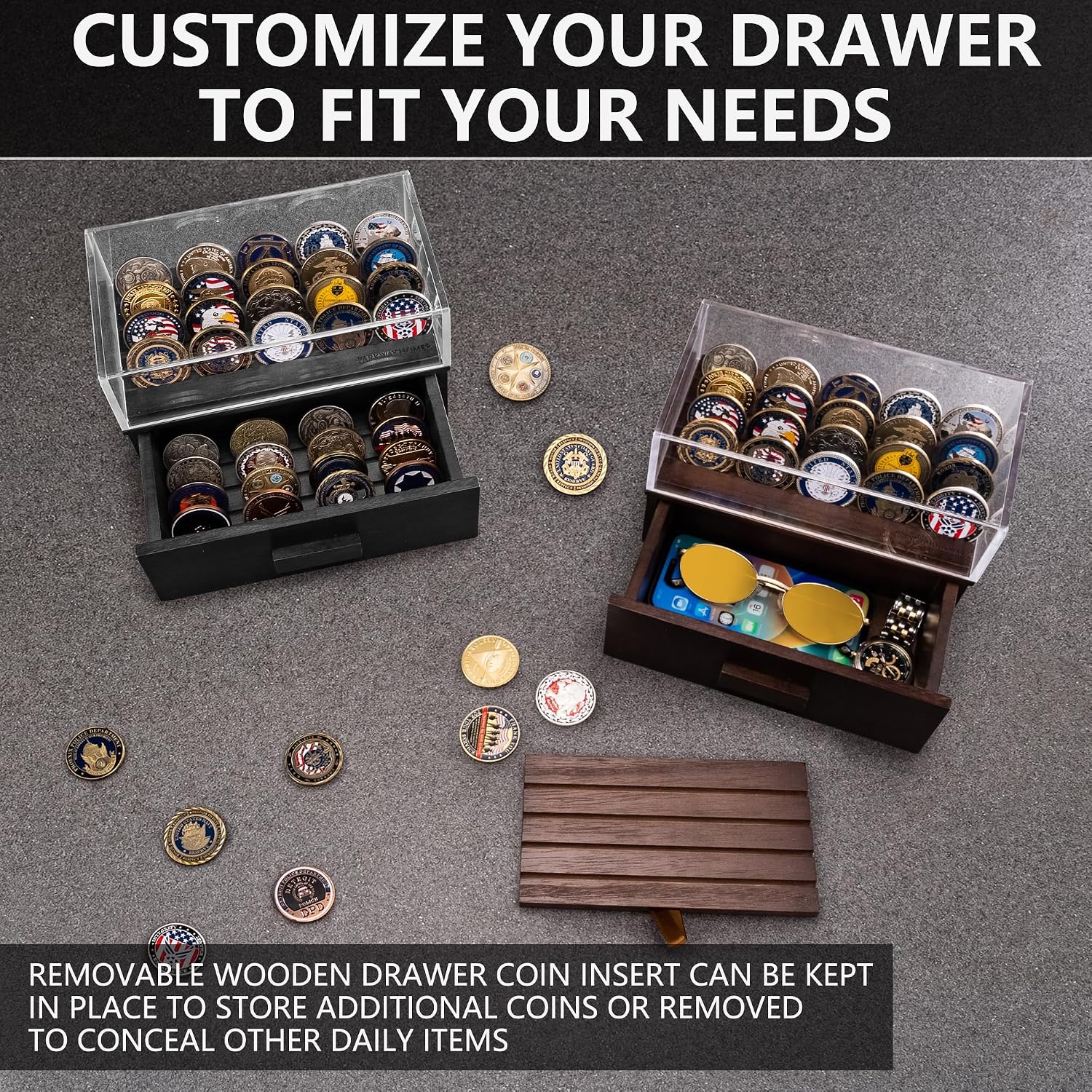 Black Wooden Challenge Coin Display Case with Clear Cover - Medium Military Coin Display Case Holds 20 Coins on Top & 16 in The Storage Drawer - Versatile Coin Stand Holder & Poker Chip Display Case