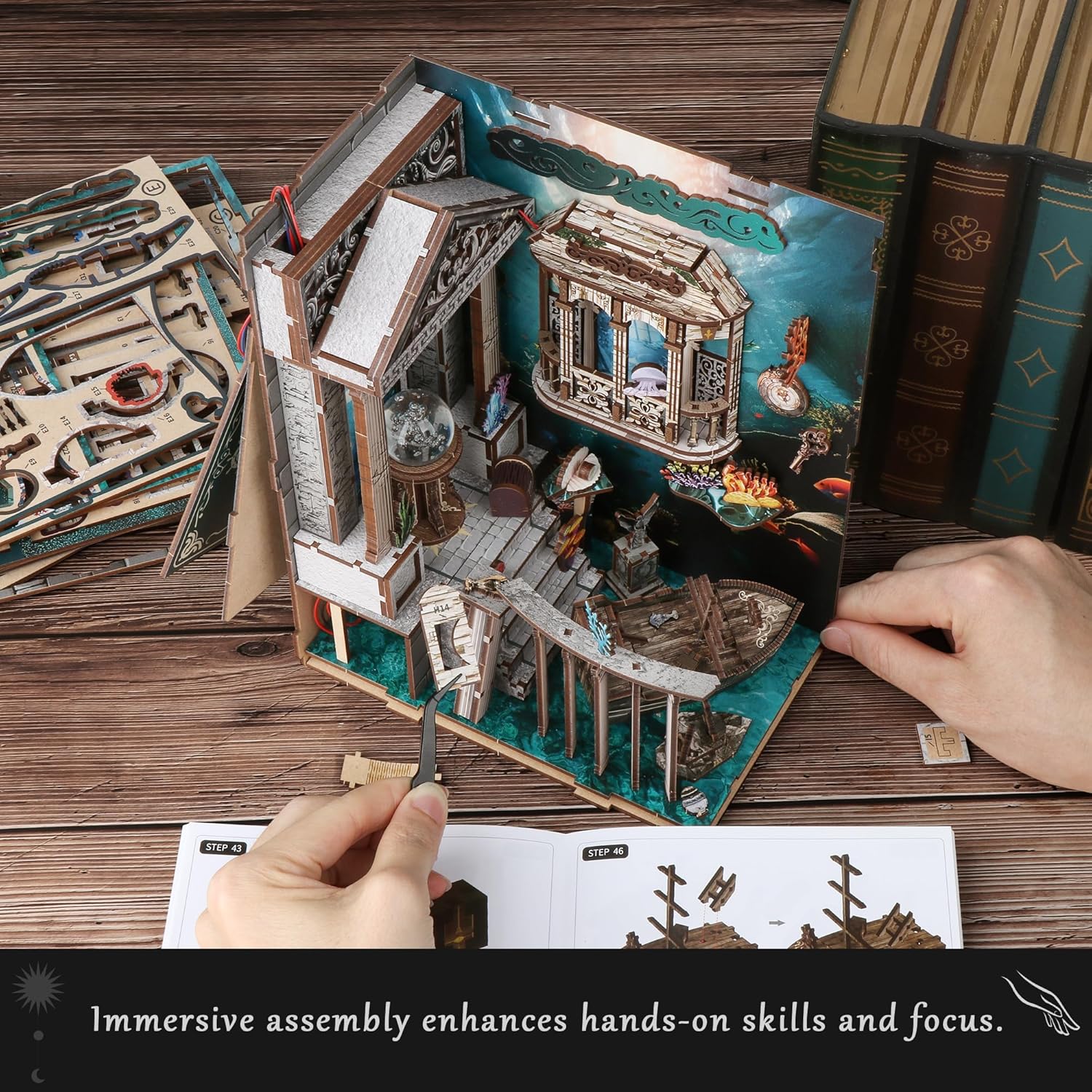 Book Nook, DIY Book Nook Kits for Adults, Ocean Adventure 3D Wooden Puzzle Bookend Bookshelf Insert Decor with LED Light, Book Nook Shelf DIY Miniature Dollhouse, Gifts for Book Lovers
