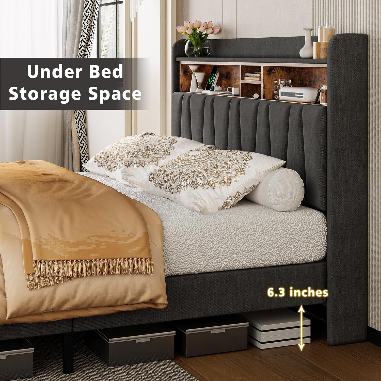 Image showing the practical storage headboard with open shelves and a hidden compartment