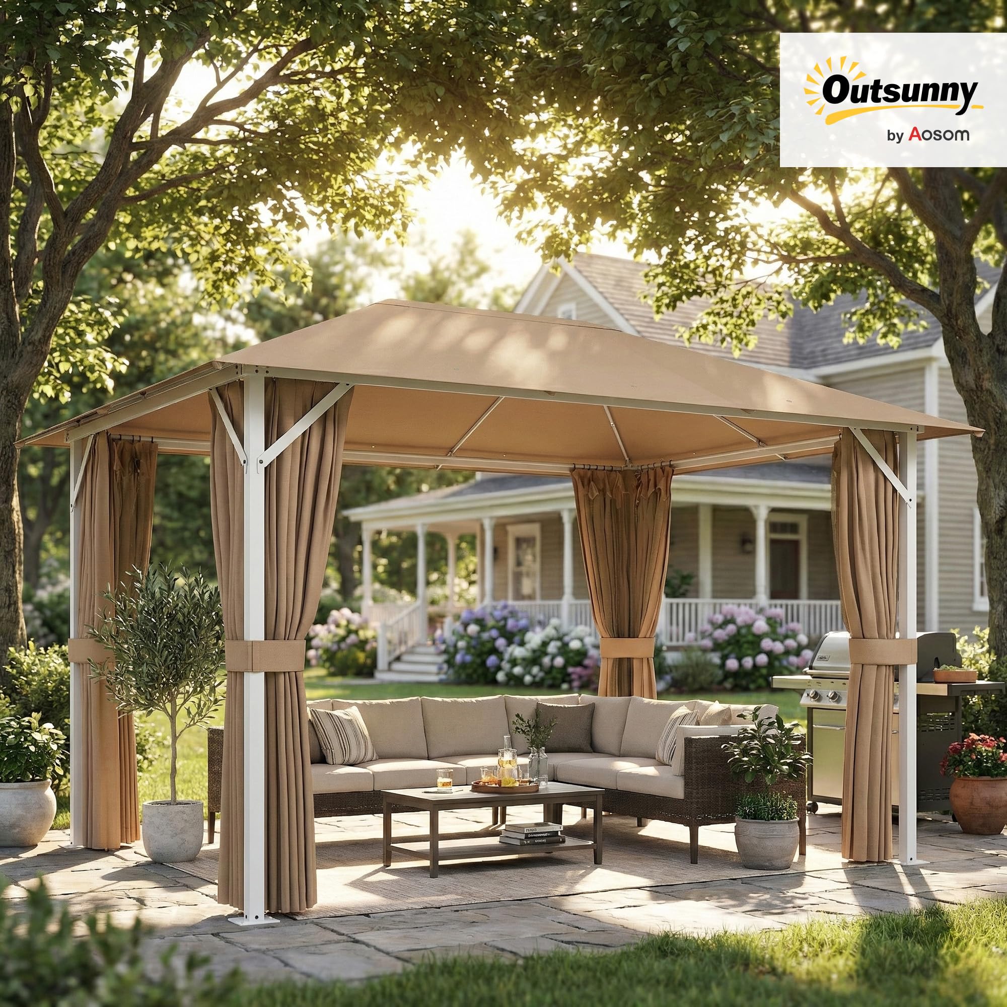 Outsunny Cenador para Jardín 3x4 m, Pabellón de Jardín Gazebo con Techo Ventilado, 4 Paredes Laterales y 4 Mosquiteras, UPF50+, Estructura de Metal, Carpa para Exterior, Terraza, Patio, Caqui