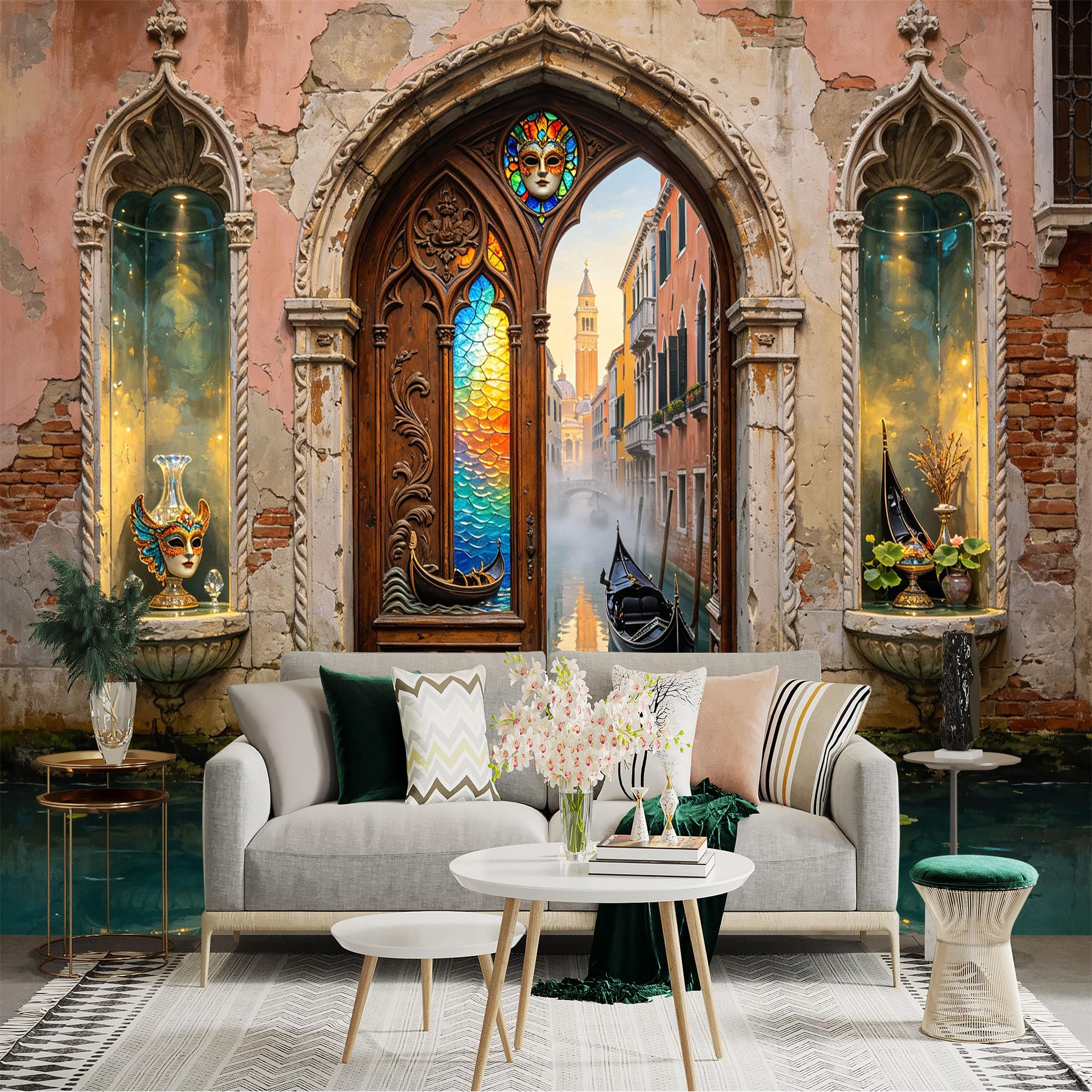 Custom Size Wall Sticker Mural， Canal Archway with Gondola and Stained Glass， for wall Decoration， peelandstick wall Decals.