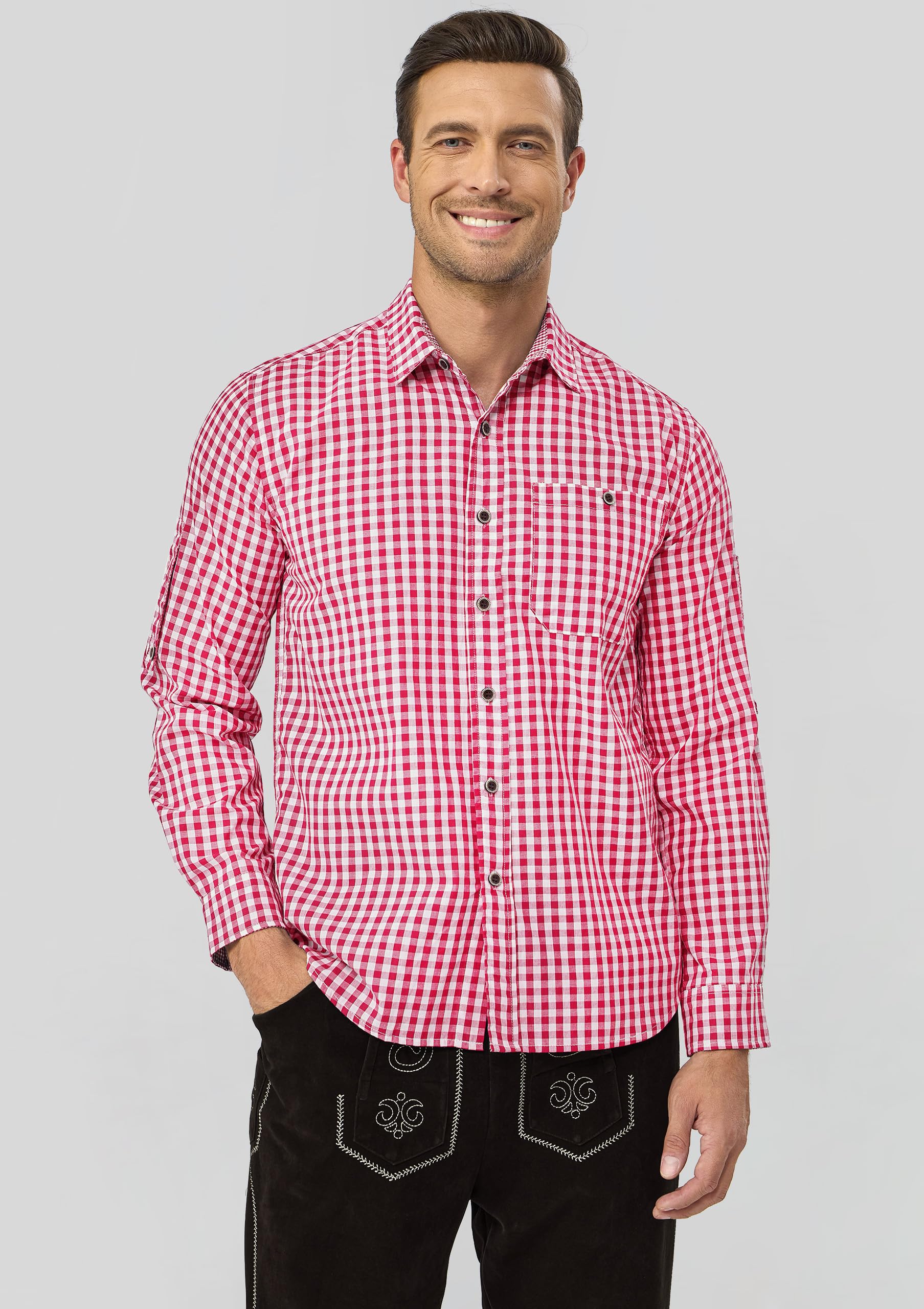 AMZHOTER Camicia da Uomo per Oktoberfest Camicia a Quadri Maniche Lunghe per Costume Tradizionale Maniche Corte in Cotone Blu Rosso Verde