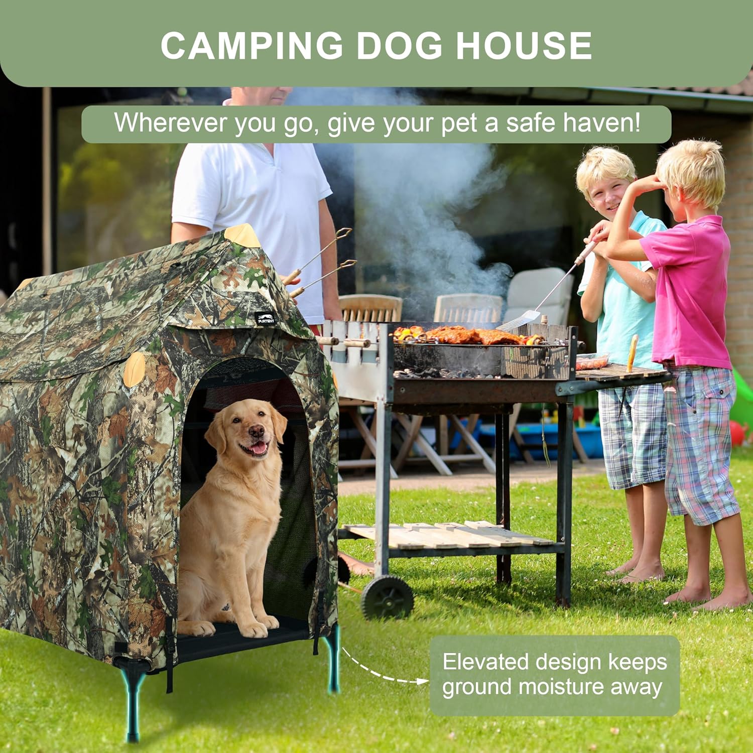 Outdoor Dog House, Kennel with Canopy, Waterproof and Breathable Pet Tent House for Medium Dogs, Foldable Dog Shelter with Shade Roof for Camping, Travel and Backyard, M