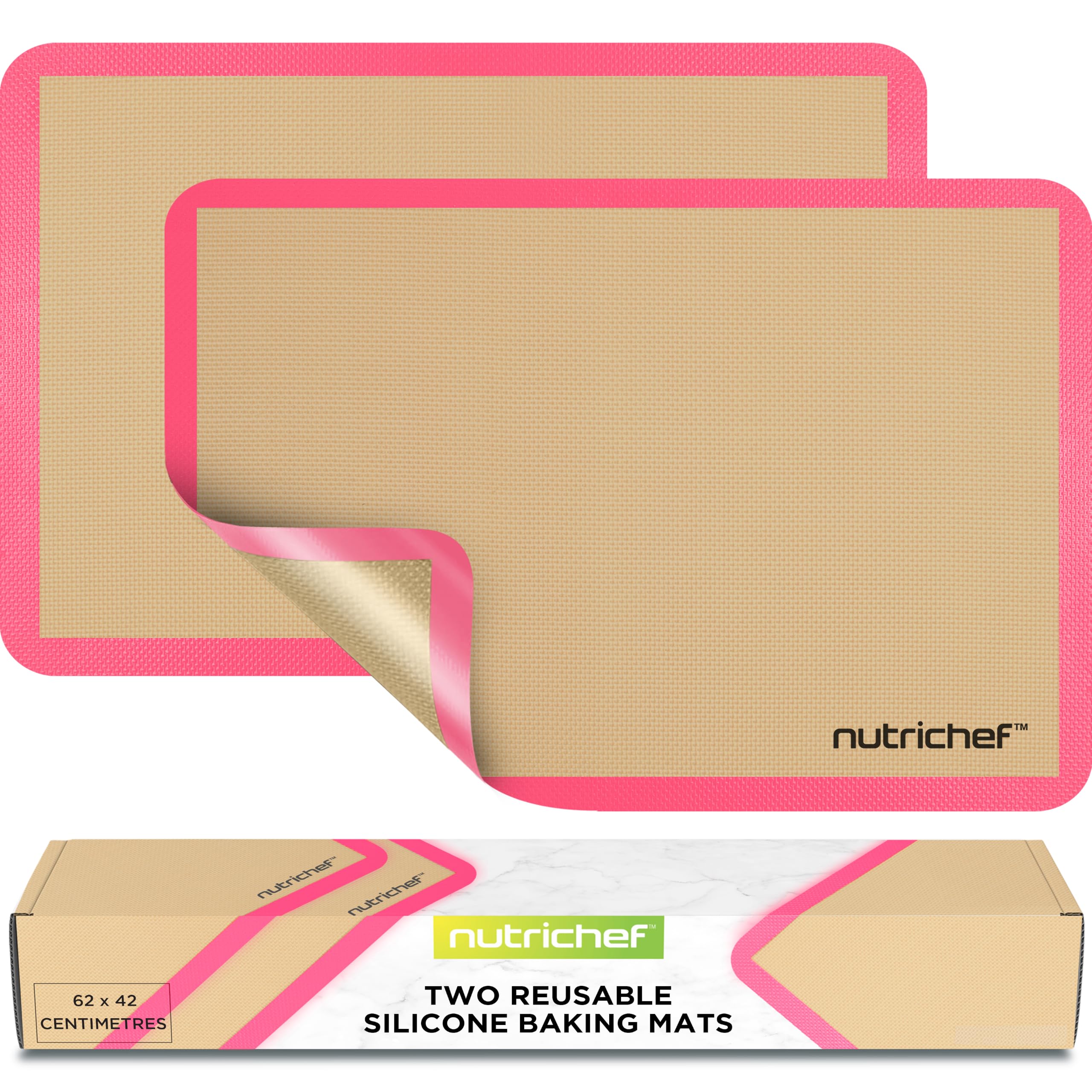NutriChef Silicone Mat Set – 2 Non-Stick Reusable Oven Liners 62 cm x 42 cm, Food-Grade Oven Safe 250°C, Sheets for Pastry, Dough, Cookies & Kitchen Accessories, Pink