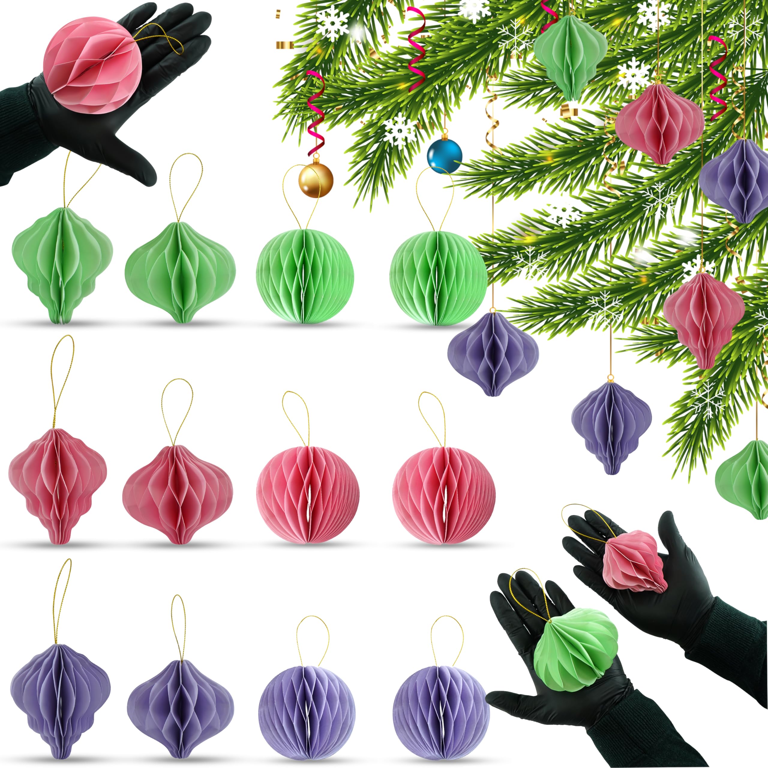 12Pcs Christmas Honeycomb Paper Baubles 8cm - Hanging Flowers Balls with Mini Magnet for Xmas Party Supplies, Christmas Bauble Balls with String for Holiday Decoration