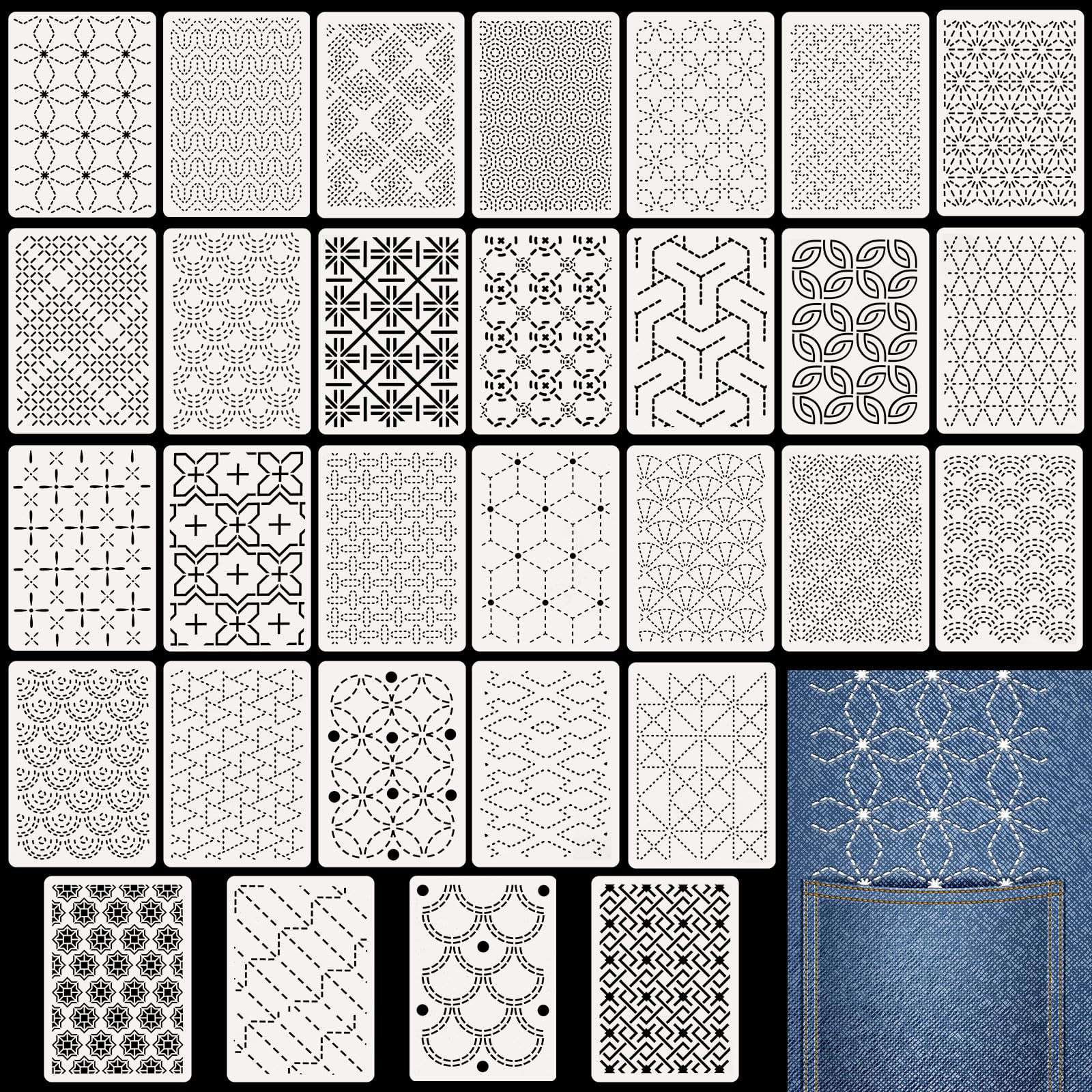 Affrolling 30 plantillas de plástico Sashiko de 8.3 x 5.9 pulgadas, patrón geométrico de Sashiko, plantilla de dibujo, plantilla de bordado, estabilizadores de patrones para coser a mano y bordar
