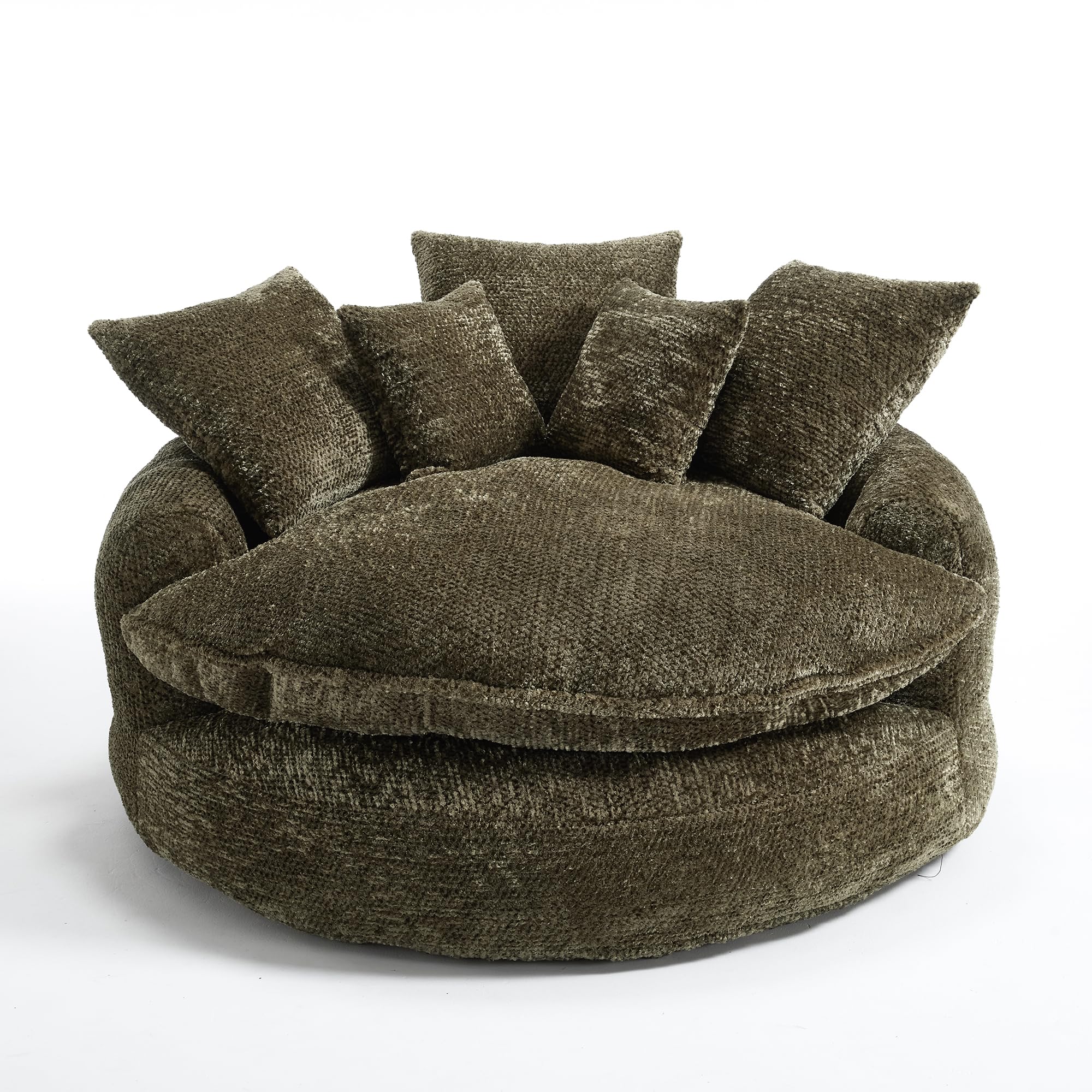 Wrofly 81.1" W Oversized Round Chaise Lounge, Fluffy Lazy Bean Bag Sofa with 14 Pillows, Comfy Chenille Upholstered Barrel Sleeper Bed, Modern Deep Seat Cloud Couch for Living Room, Beige: 66.9'' Green