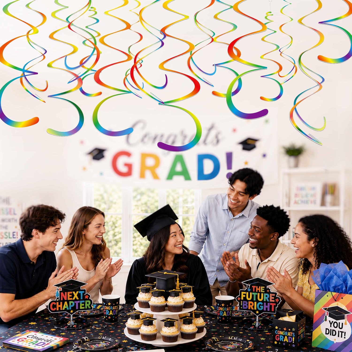 HonuGoGo Rainbow Party Decorations, 48 Pc Paper Gradient Hanging Swirls | Smooth Color Transition Ceiling Spirals with Hooks for Graduation, Pride Events, Classroom & Colorful Birthday Celebrations