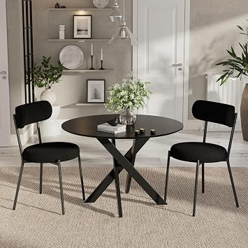 Modern 3-Piece Round Dining Table Set,Circle Black MDF Table & 2 Black Boucle Dining Chairs, Metal Frame Kitchen Furniture for Small Spaces36-Inch