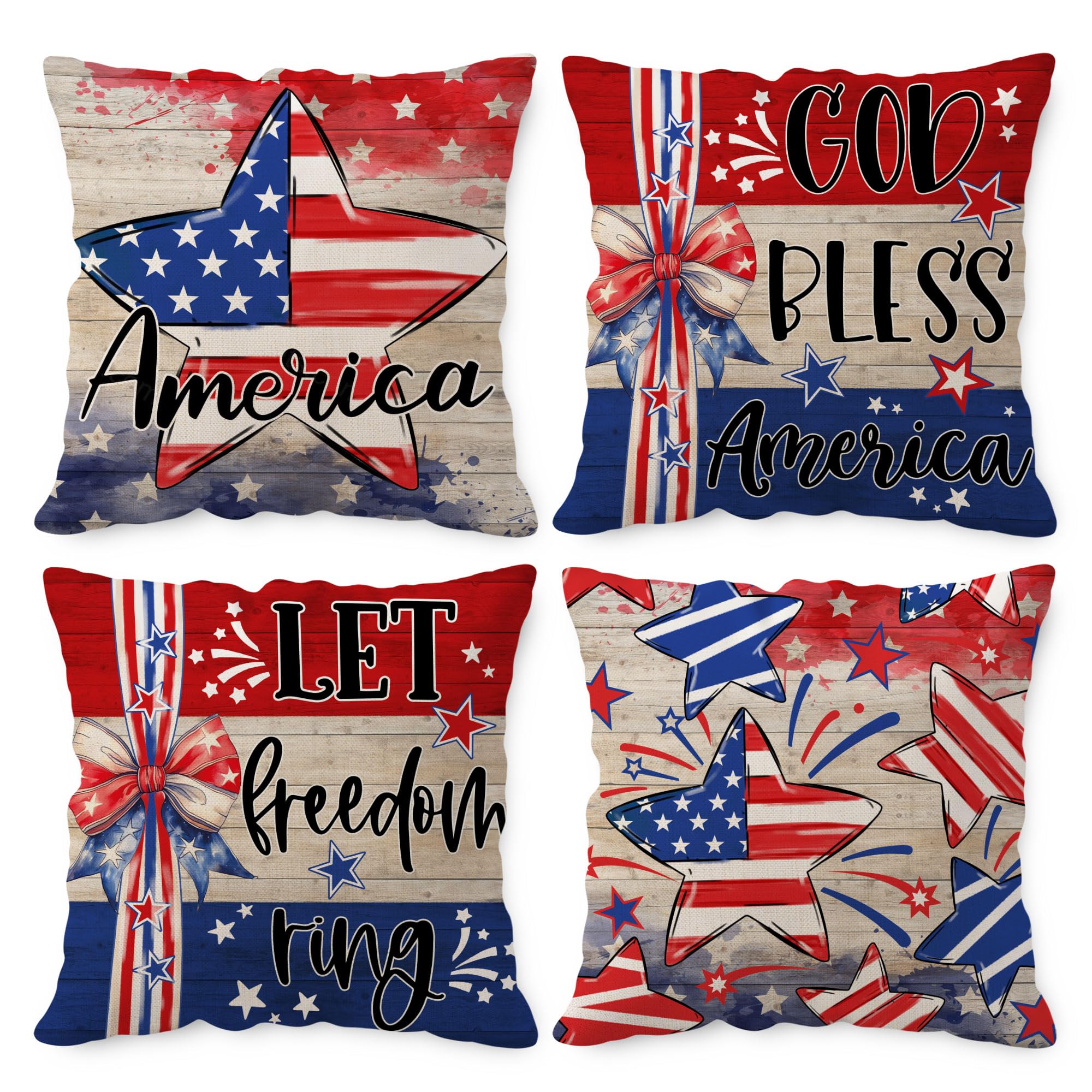 4th of July Pillow Covers 18x18 Set of 4 Patriotic Throw Pillow Covers with American Flag Stars and Stripes July 4th Decorations Independence Day Pillowcase Square Cushion Covers for Sofa Bed Couch