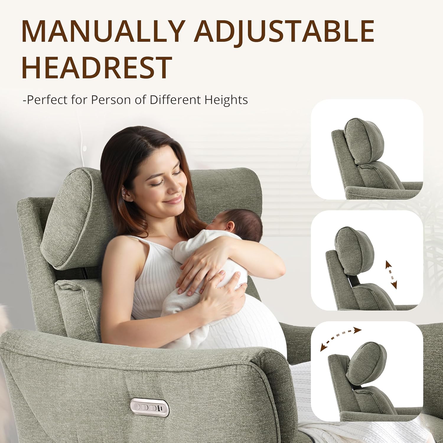 Power Rocking Chair Nursery Glider Recliner with Adjustable Headrest, Dual Motor Chenille Swivel Rocker Recliner Chair with USB Port and Storage Bags, FSC, CertiPUR-US® Certified, Green