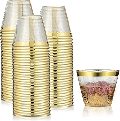 Paquete de 100 vasos de plástico de 9 onzas con purpurina dorada con borde dorado, tazas de fiesta de alta calidad, elegantes y resistentes, bodas,