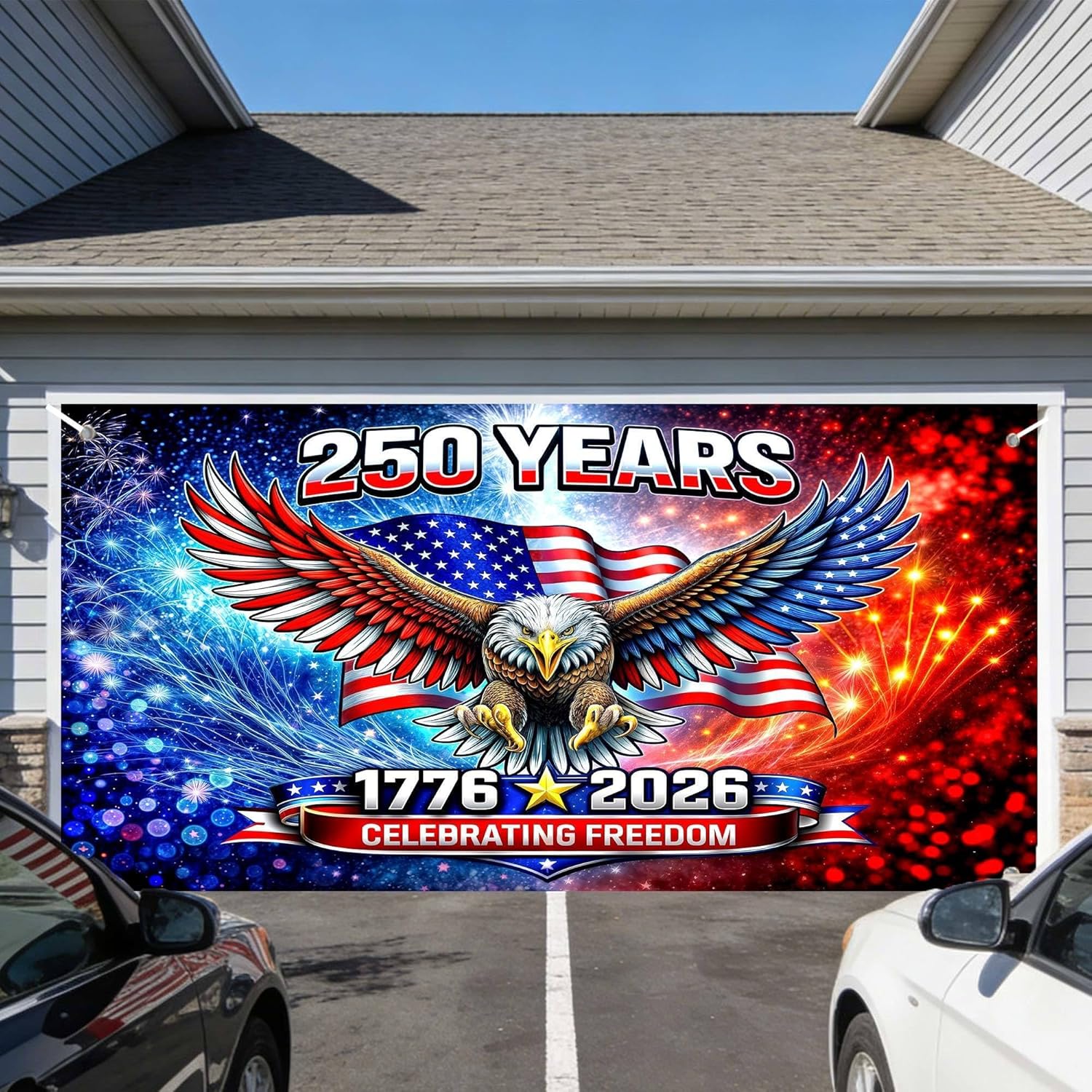 American 250th Birthday Garage Door Cover Decoration, 4th of July Eagle Photograph Backdrop America 1776-2026 USA Banner 250th Anniversary Garage Door for Independence Day Patriotic Decor 16X7FT