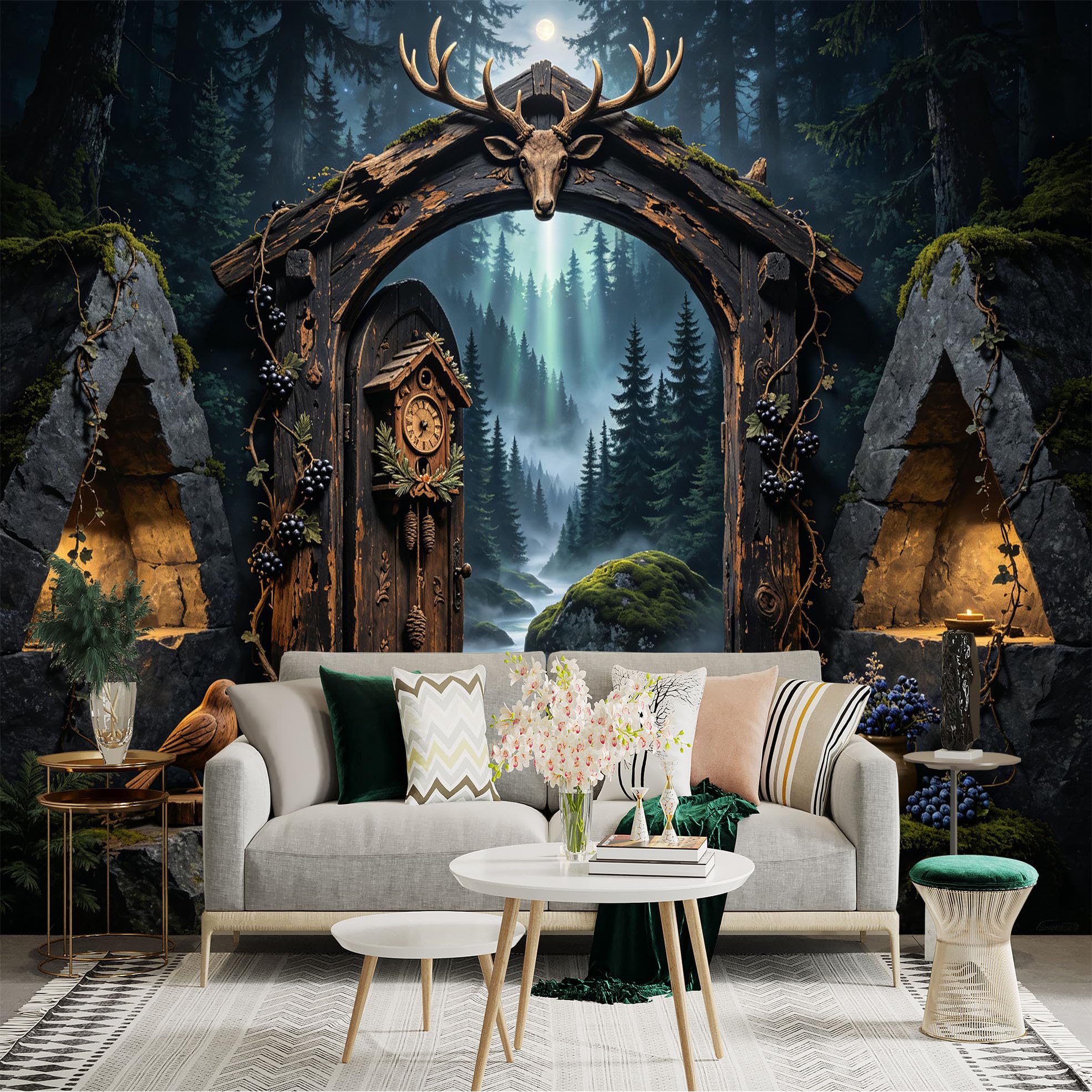 Custom Size Wall Sticker Mural， Mystical Forest Gate with Deer Antlers， River and Rustic Cabin Scene， for wall Decoration， peelandstick wall Decals.