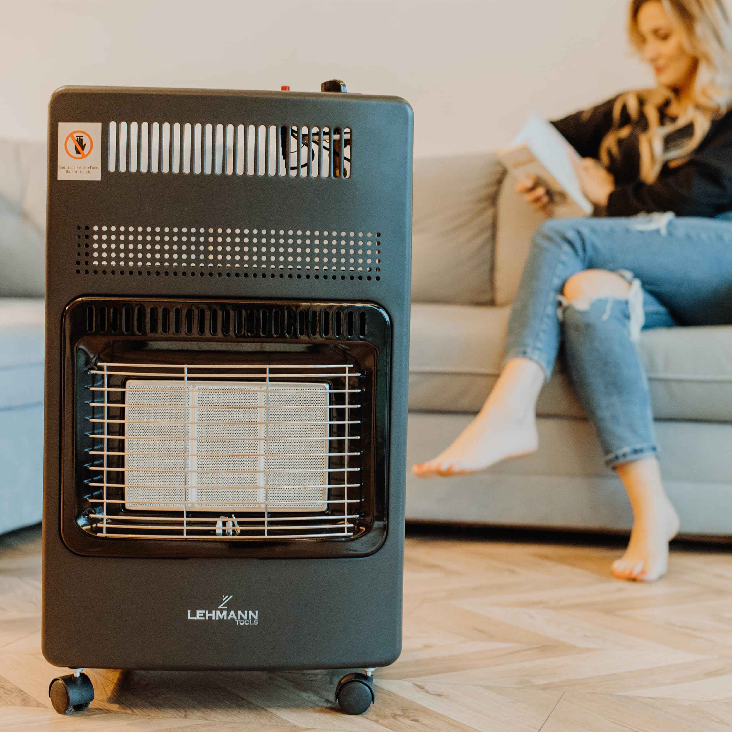 LEHMANN Poêle à gaz 4,2 kW avec 3 niveaux de chauffage, allumage piézoélectrique, arrêt de sécurité et roues, pour GPL, propane ou butane, idéal pour les environnements jusqu'à 80 m²