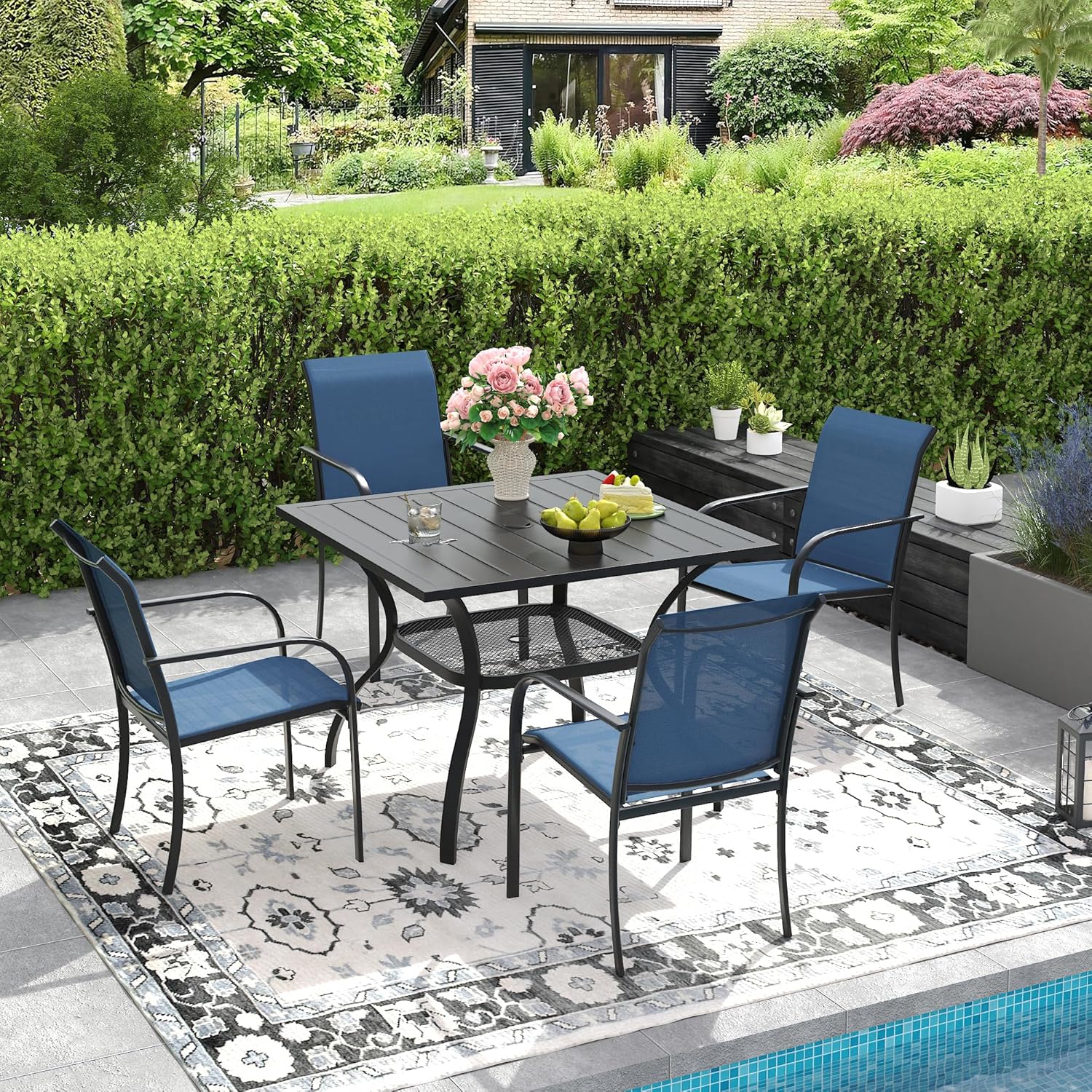 DIFY Square Patio Dining Table for 4, 38" Black Outdoor Metal Dining Table with 1.57" Umbrella Hole for Backyard, Lawn, Garden and Deck
