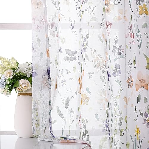 Miniatura 2 de Fragrantex Cortinas traslúcidas de acuarela floral amarillo y gris, 84 pulgadas de largo para sala de estar, estampado botánico, tela texturizada de