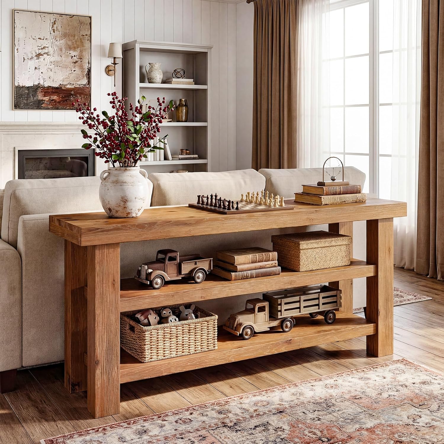 Solid Wood TV Stand for 55/60/65/75 Inch TVs, 63" Rustic Farmhouse Media Console with 2-Tier Open Storage Shelves, Heavy Duty Entertainment Center for Living Room, Bedroom, Natural