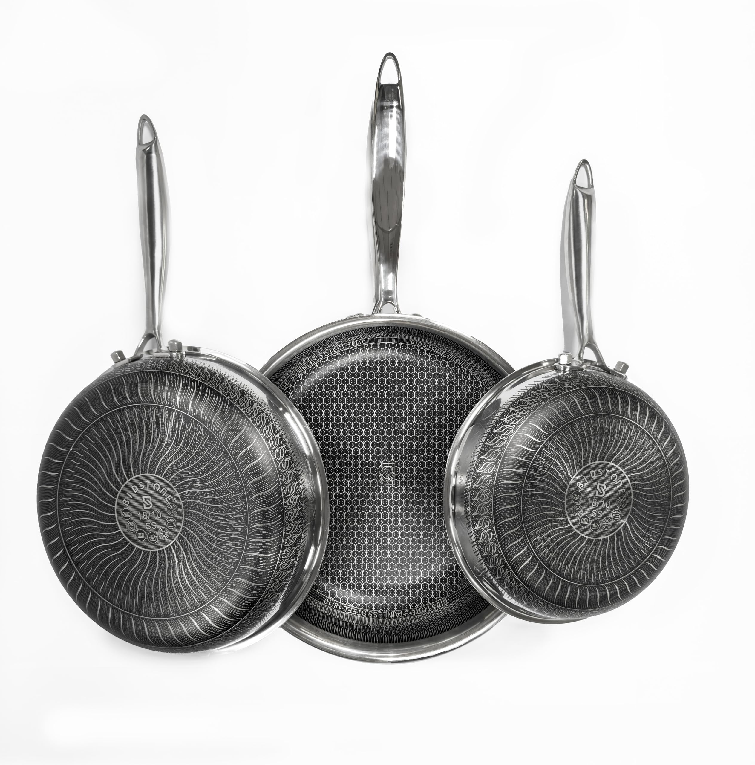 Honeycomb 3 Piece Stainless Steel Frying Pan Set 20 24 28 cm | Premium Non Stick Design | Durable Induction Cookware oven safe | NON TOXIC PFOA PTFE PFOS FREE