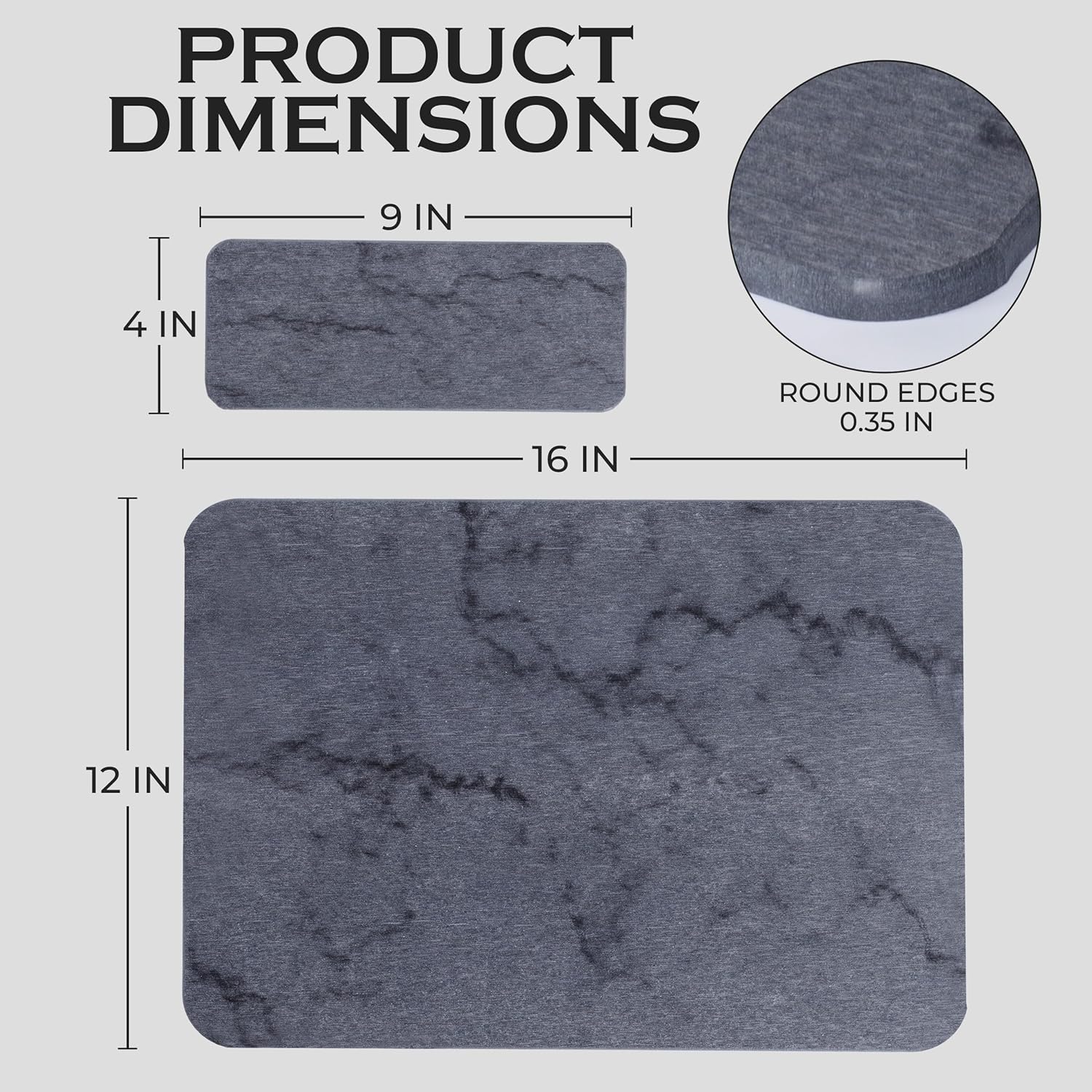 J.B Large Stone Drying Mat for Kitchen Counter - Quick Dry Stone Mat with Sink Caddy, Ultra Absorbent Dish Drying Stone for Kitchen Counter and Bathrooms, 16 x 12 Inch (Dark Gray/Black Marble Finish)