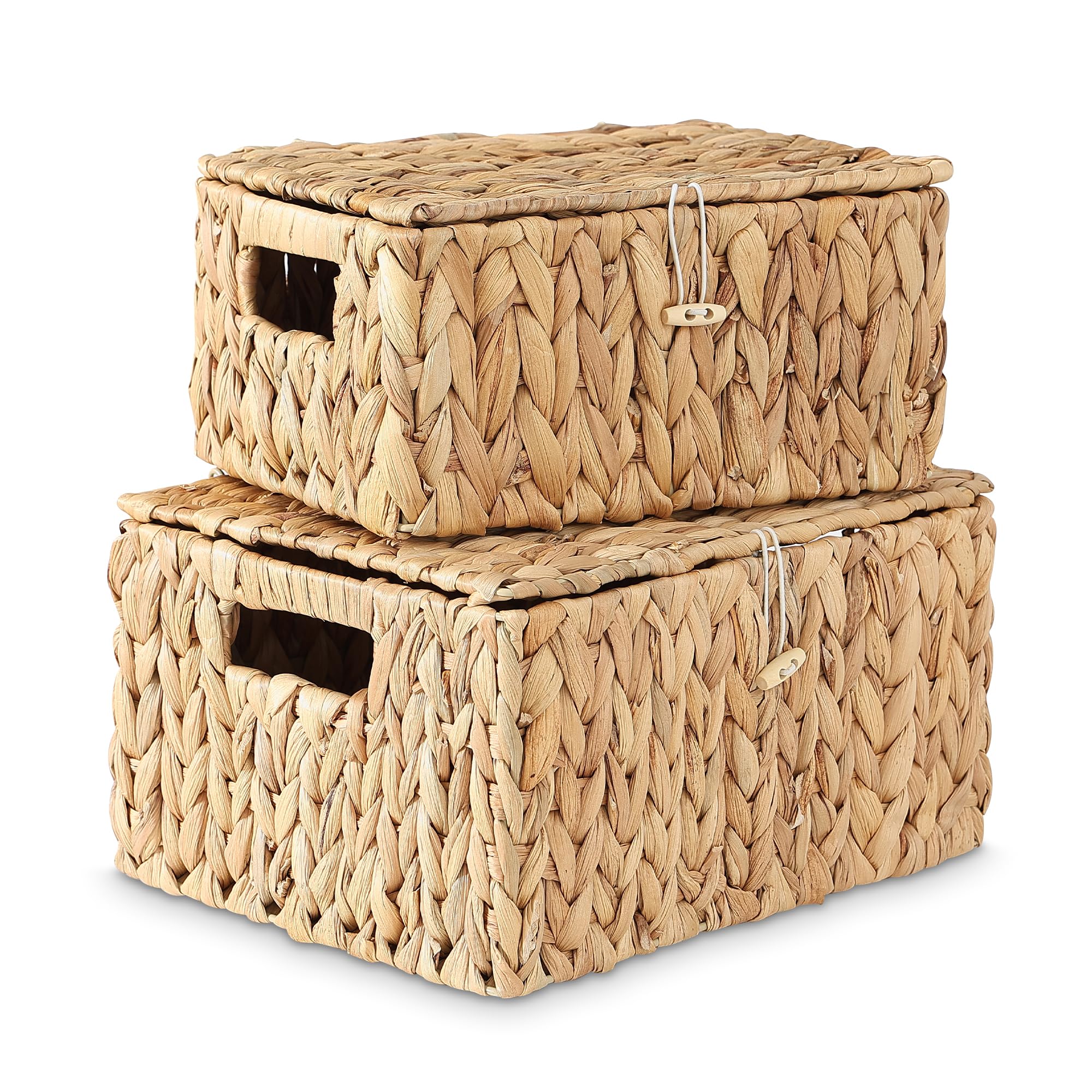 Juego de 2 cestas de mimbre con tapa, cestas de almacenamiento de jacinto de agua, cesta tejida con tapa para organizar, cesta de almacenamiento rectangular de mimbre con asas