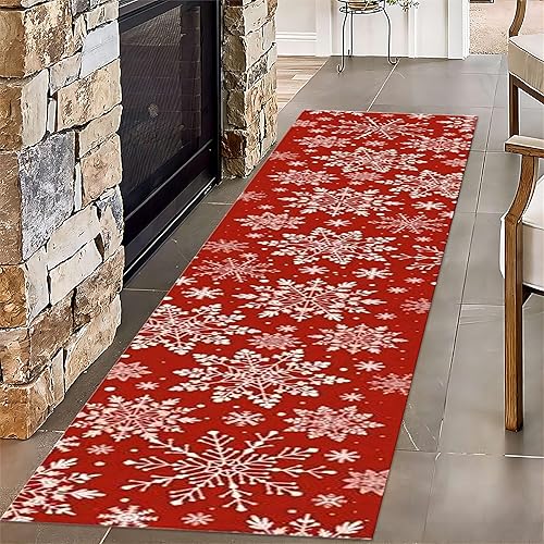 Miniatura 3 de Alfombra de pasillo de Navidad de 2 x 10 pies, para pasillo, alfombra con copos de nieve blancos sobre fondo rojo, alfombras interiores modernas de