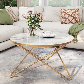 Gold Coffee Table for Living Room, Marble Round Side Table, White