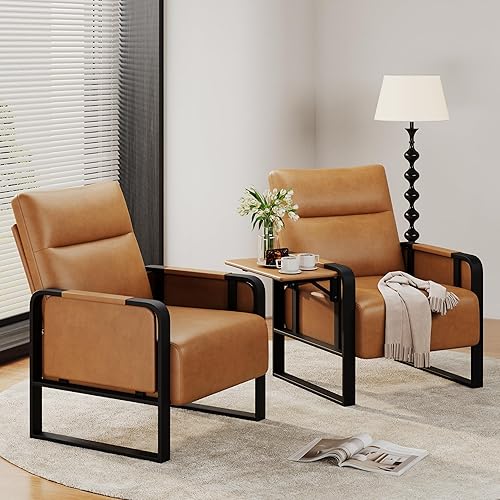 Miniatura 3 de Juego de 2 sillas tapizadas para sala de estar, silla decorativa de metal de piel sintética de mediados de siglo, sofá de recepción, silla de