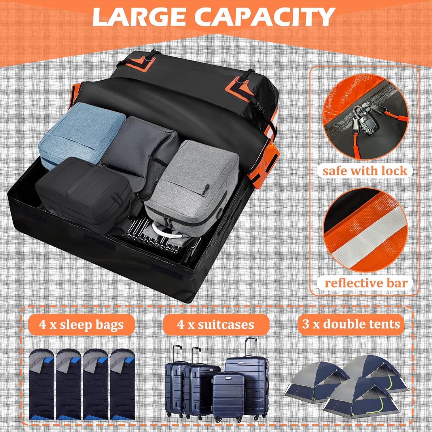 car rooftop cargo bag attached to roof with straps and hooks