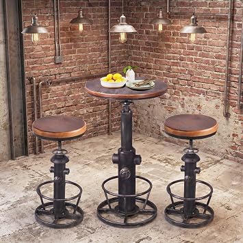Topower 3 Piece Pub Bar Set Retro Round Bar Table and Stools for 2 Height Adjustable Pub Desk and Stools Match Bar Height and Counter Barstool Silver1 Table + 2 Chairs