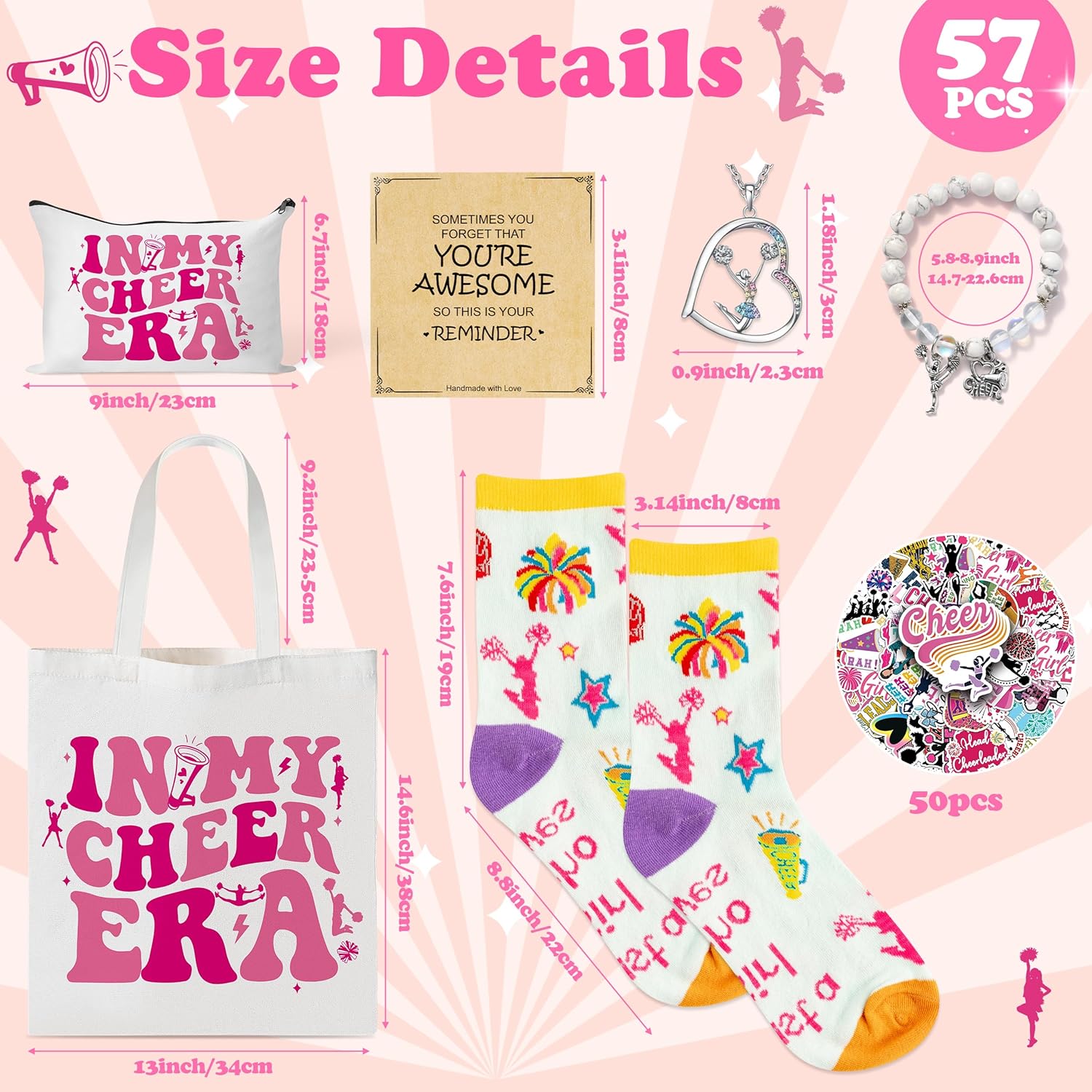 Y1tvei Cheerleader Canvas Bag Gifts - 57Pcs In My Cheer Era Canvas Tote Bag Makeup Pouch, Cheer Bracelet Necklace Encouragement Card Stickers Socks, Cheerleading Lover Gift Set for Women Cheerleaders - Image 5
