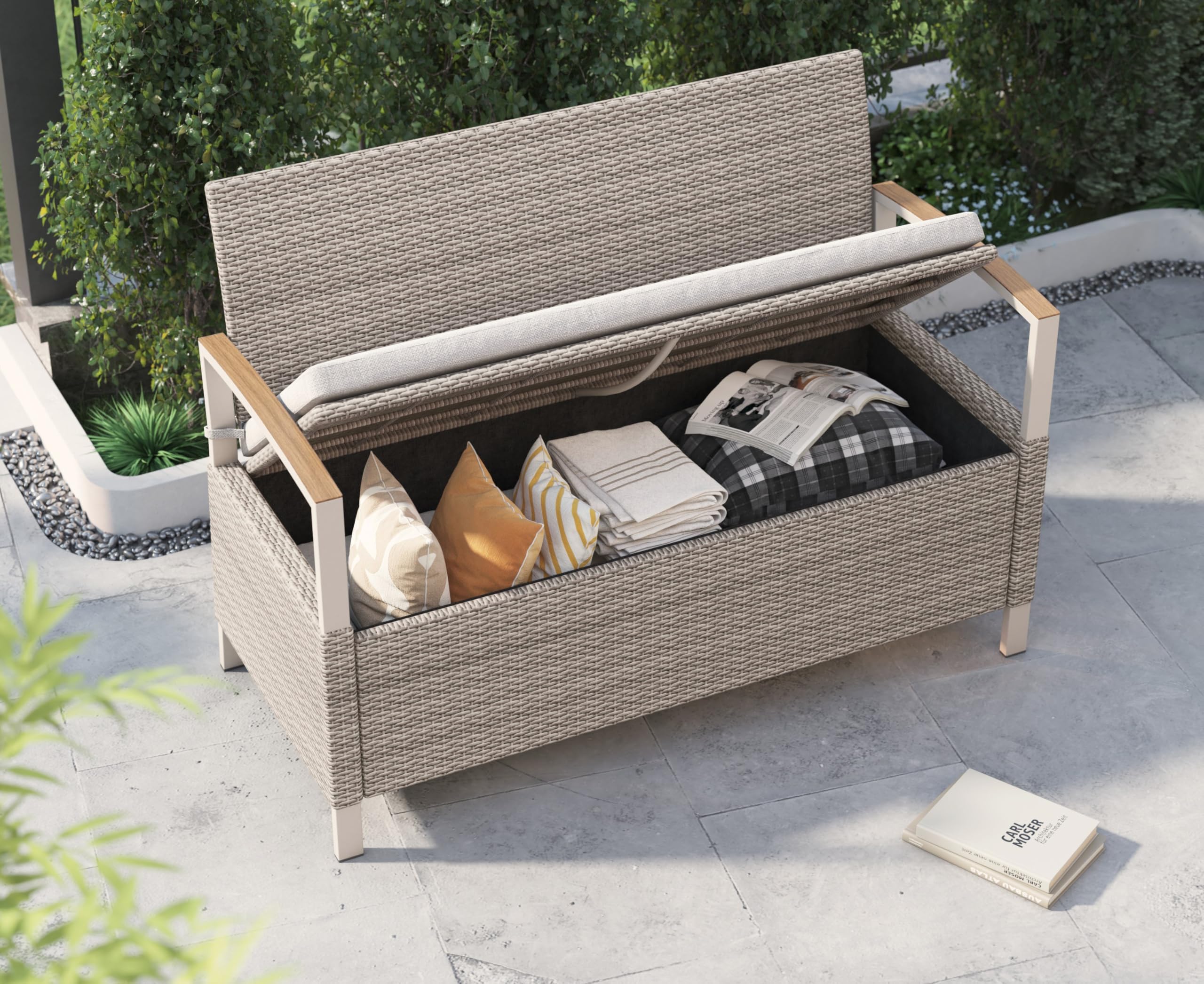 outdoor pool storage bench