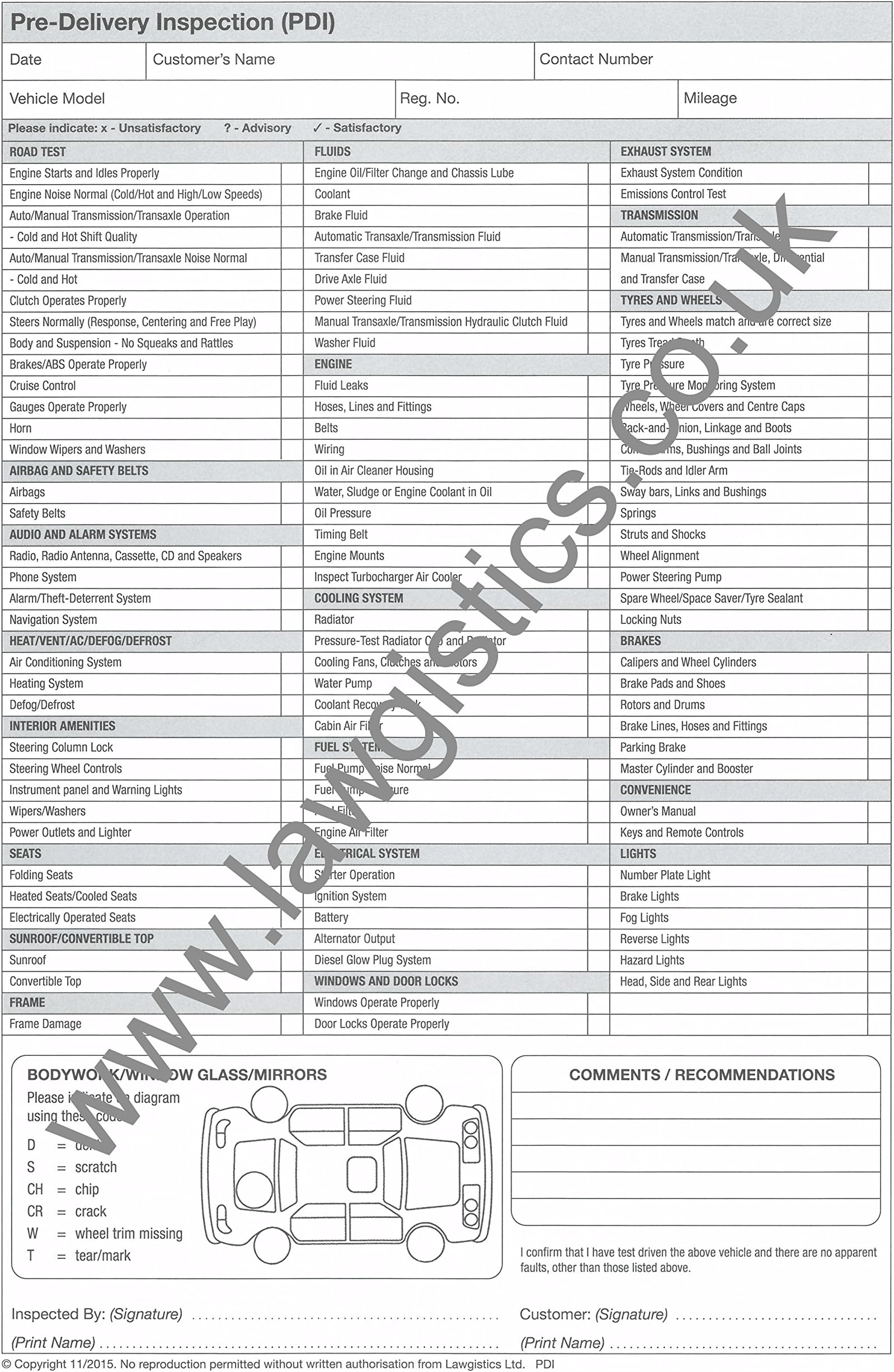 Legally Compliant -Pre-Delivery Inspection (PDI) Pad