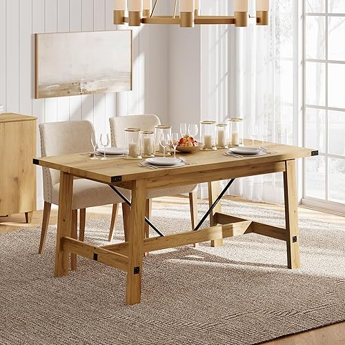 Miniatura 9 de WAMPAT Mesa de comedor de granja para 4 a 6 personas con patas de madera resistentes, mesa de cocina rectangular de madera moderna de 67.7 pulgadas