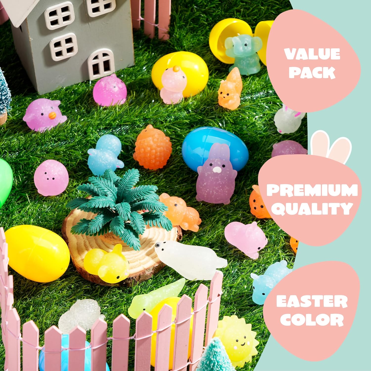 JOYIN 48 Pcs Easter Prefilled Eggs with Mochi Squishy Toys, Glitter Stress Reliever Squishy Toy for Easter Egg Hunt, Kids Party Favor, Basket Stuffers, Goodie Bag Fillers, Classroom Prize Supplies