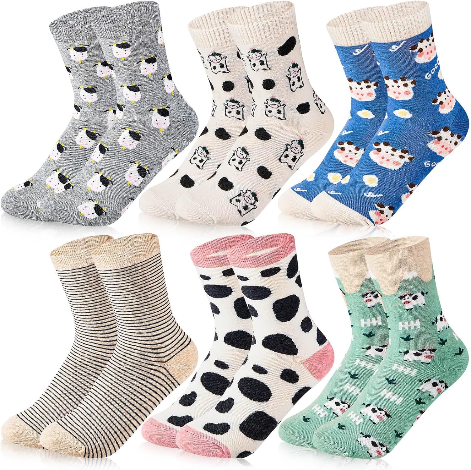 Geyoga 6 Pairs Women's Cow Socks Novelty Fuzzy Cow Print Stuff Cute Winter Warm Funny Animal Crew Socks Gifts for Women(Adorable Style)